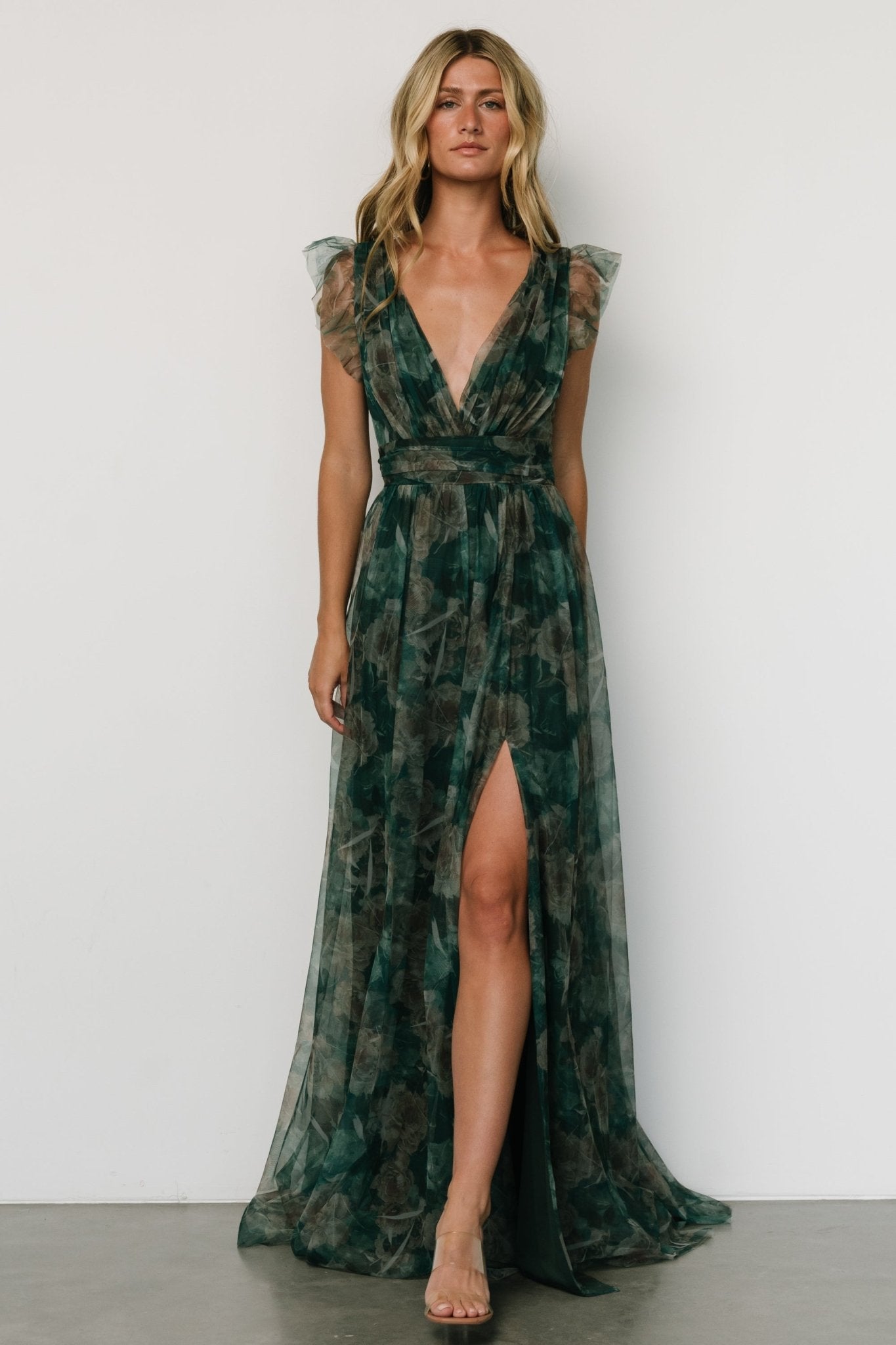 Carmine Maxi Dress | Green Floral Low Pice Fee Shipping