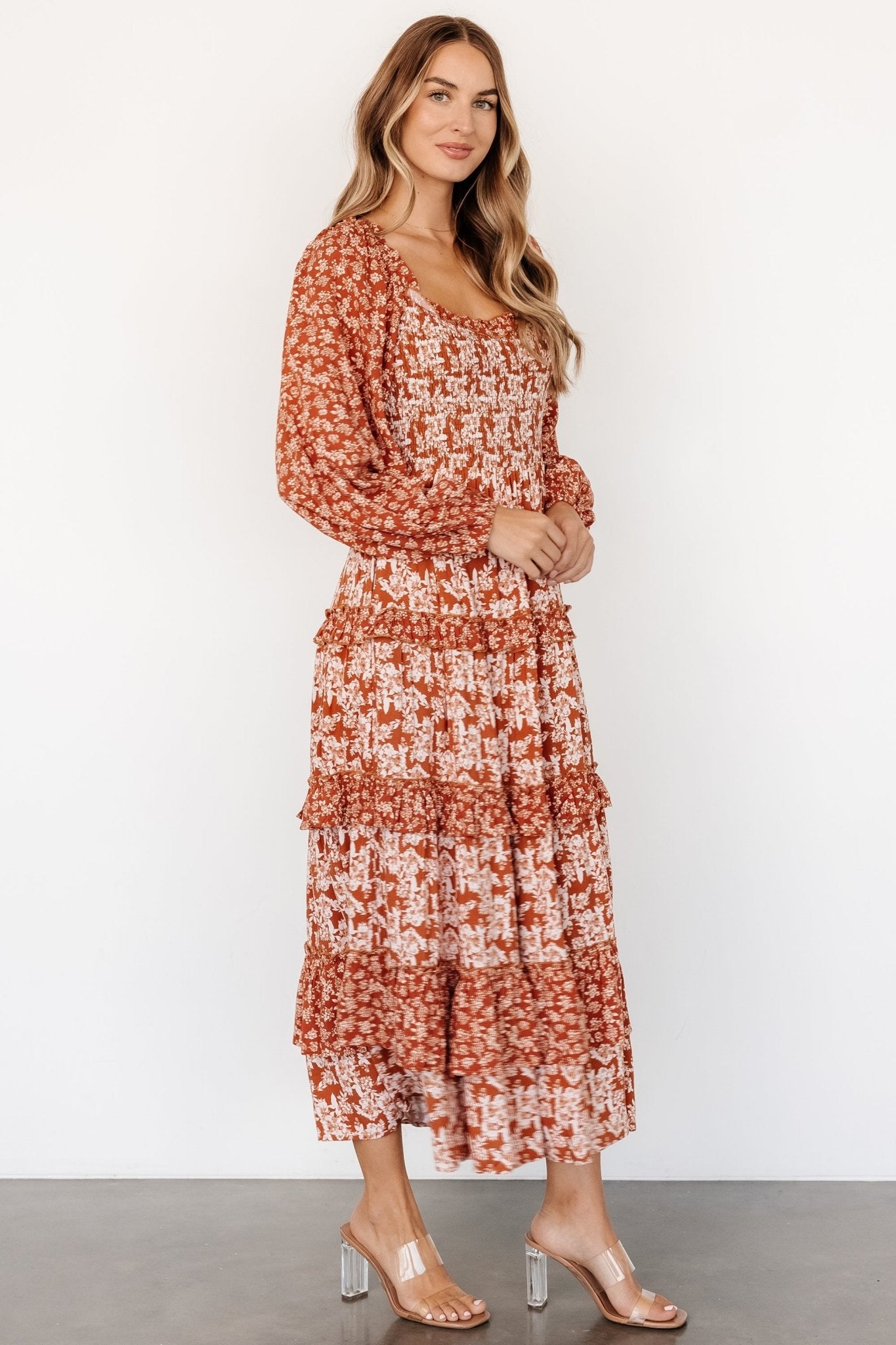 Dynah Tiered Dress | Rust +Cream Floral Pay With Visa For Sale