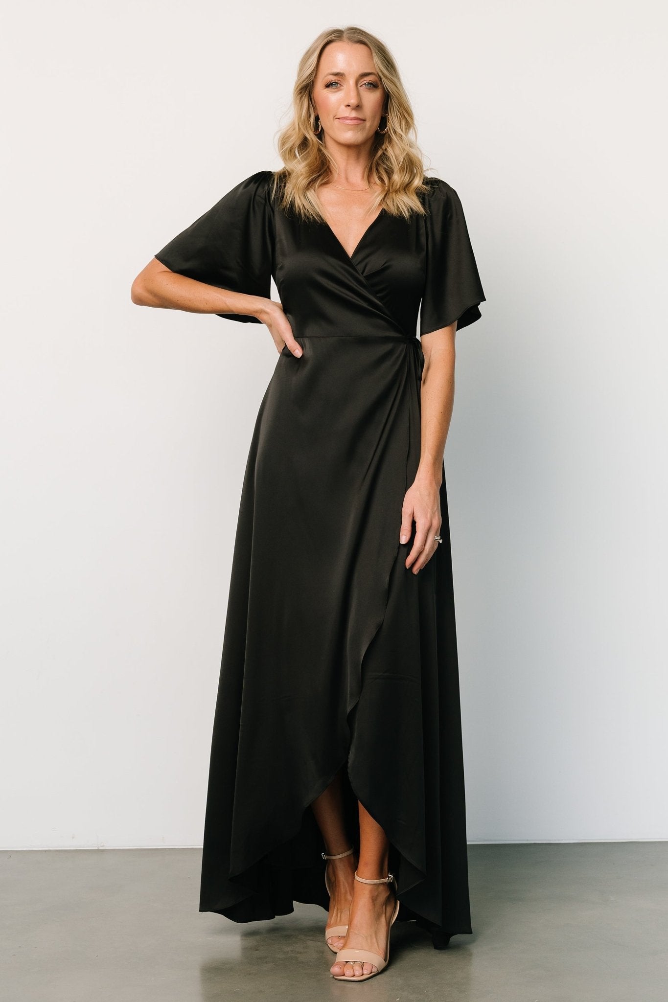 Vara Satin Maxi Wrap Dress | Black Clearance Factory Outlet