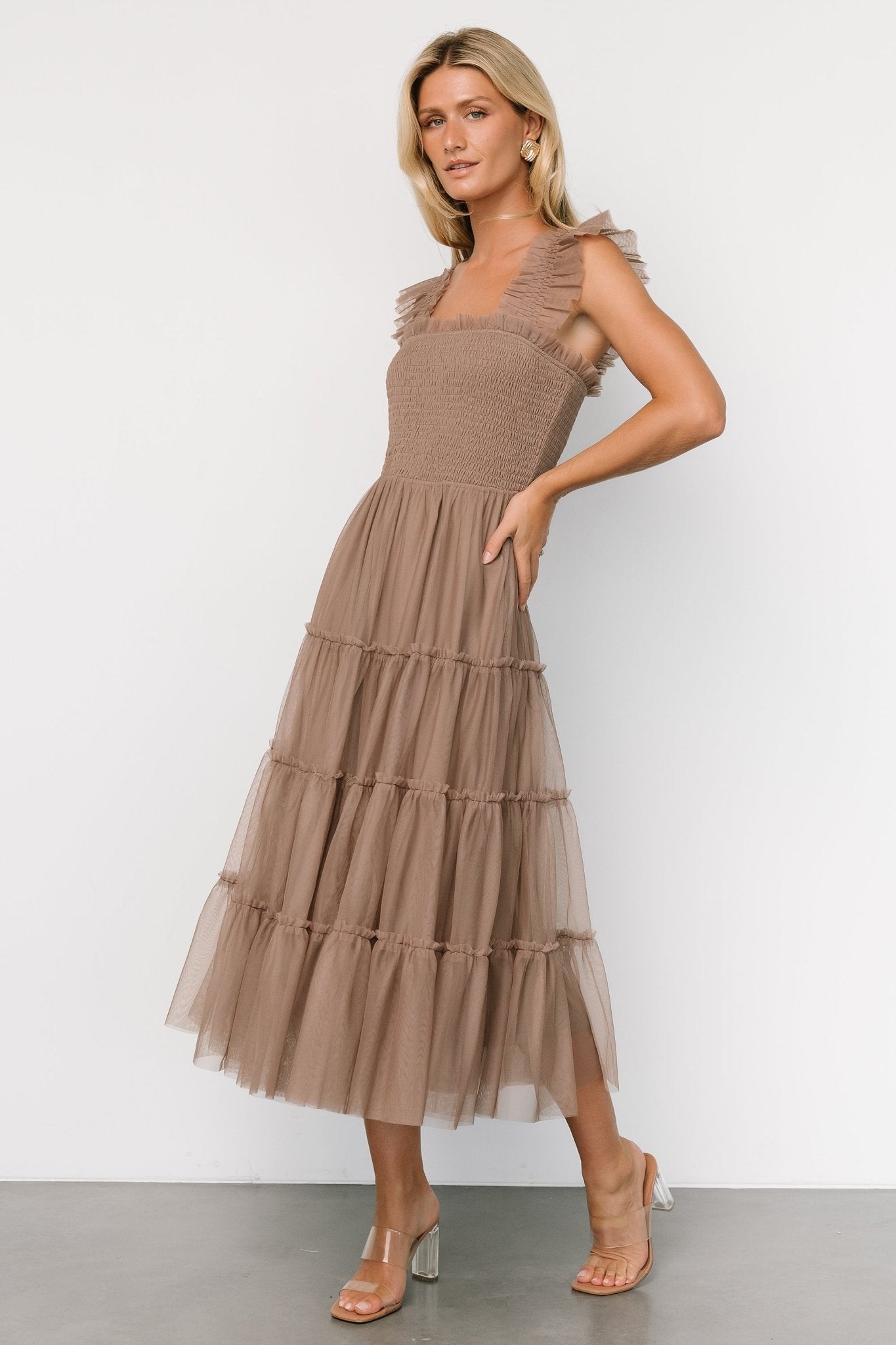 Emma Smocked Tulle Dress | Taupe Sale Low Shipping Fee