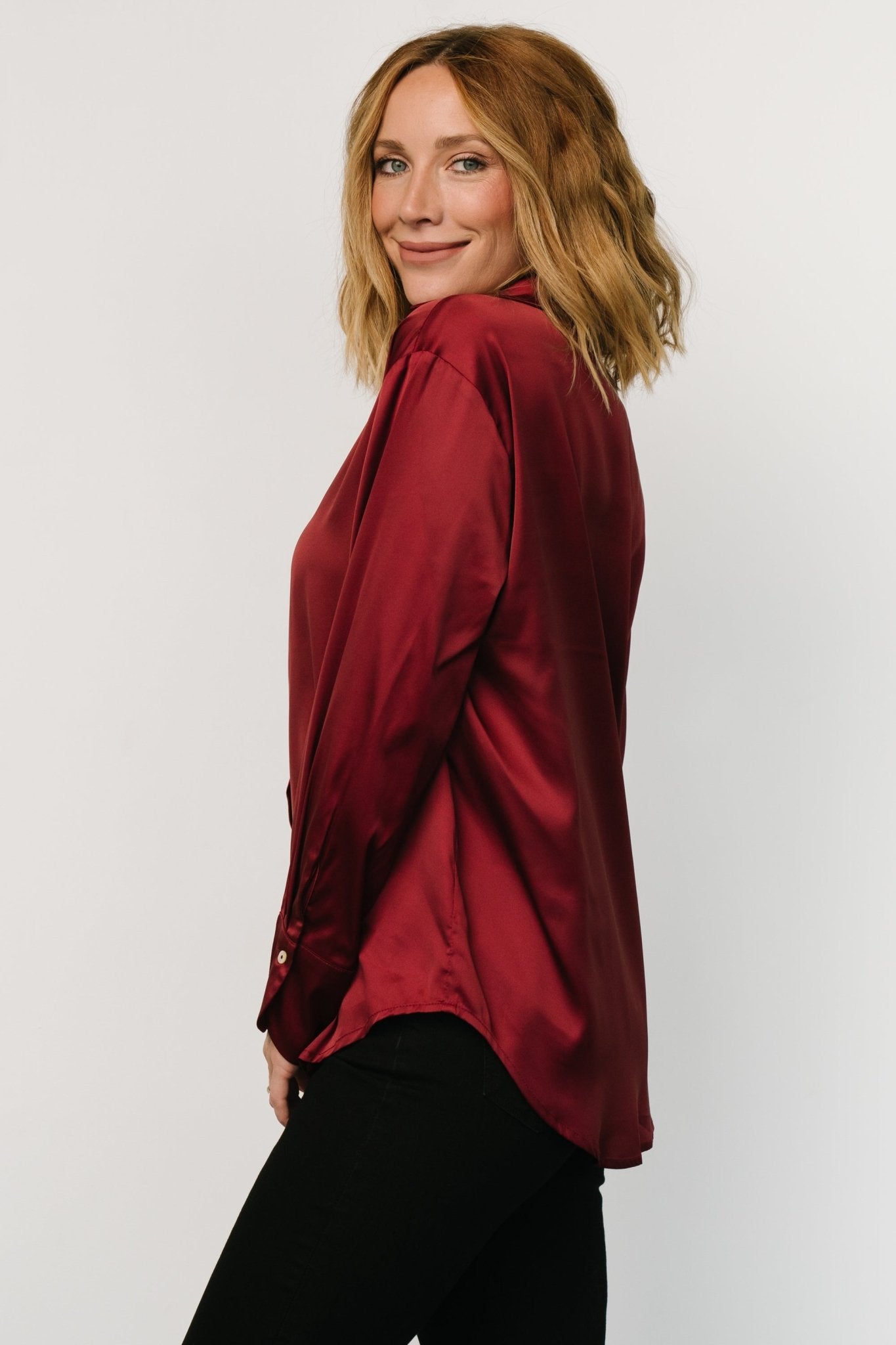 Kacey Satin Button Up Top | Burgundy Clearance Official Site