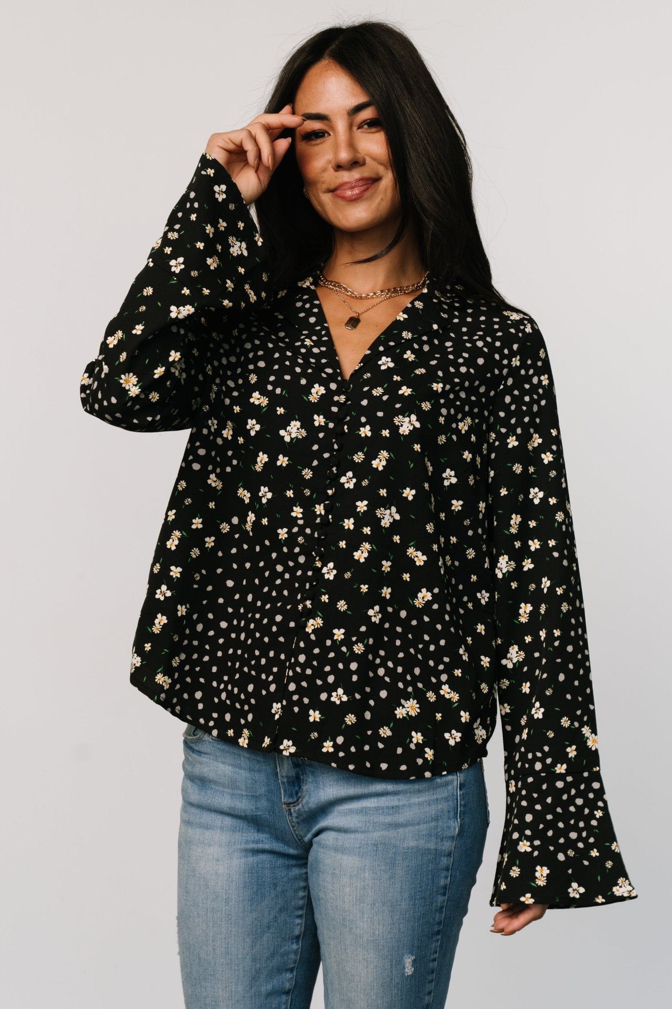 Thelma Button Blouse | Black Print Cheap Pice Discount Authentic