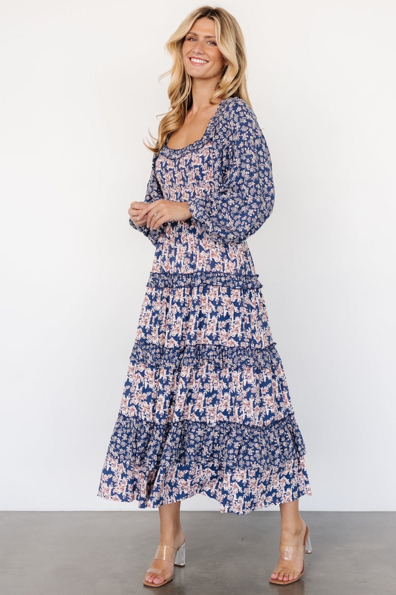 Dynah Tiered Dress | Blue + Cream Floral For Sale Free Shipping