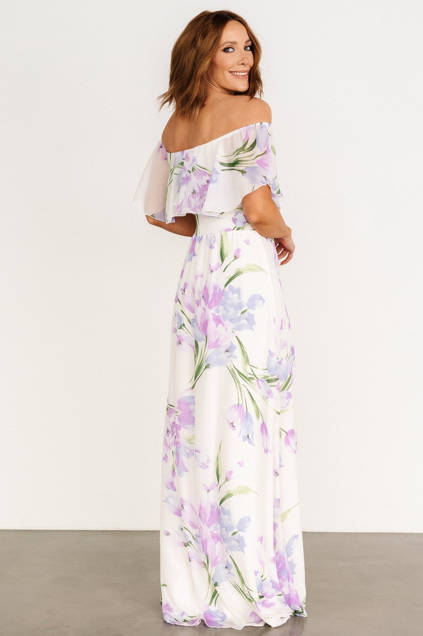 Daphne Off Shoulder Maxi Dress | Ivory + Lavender Floral Cheap Sale Excellent