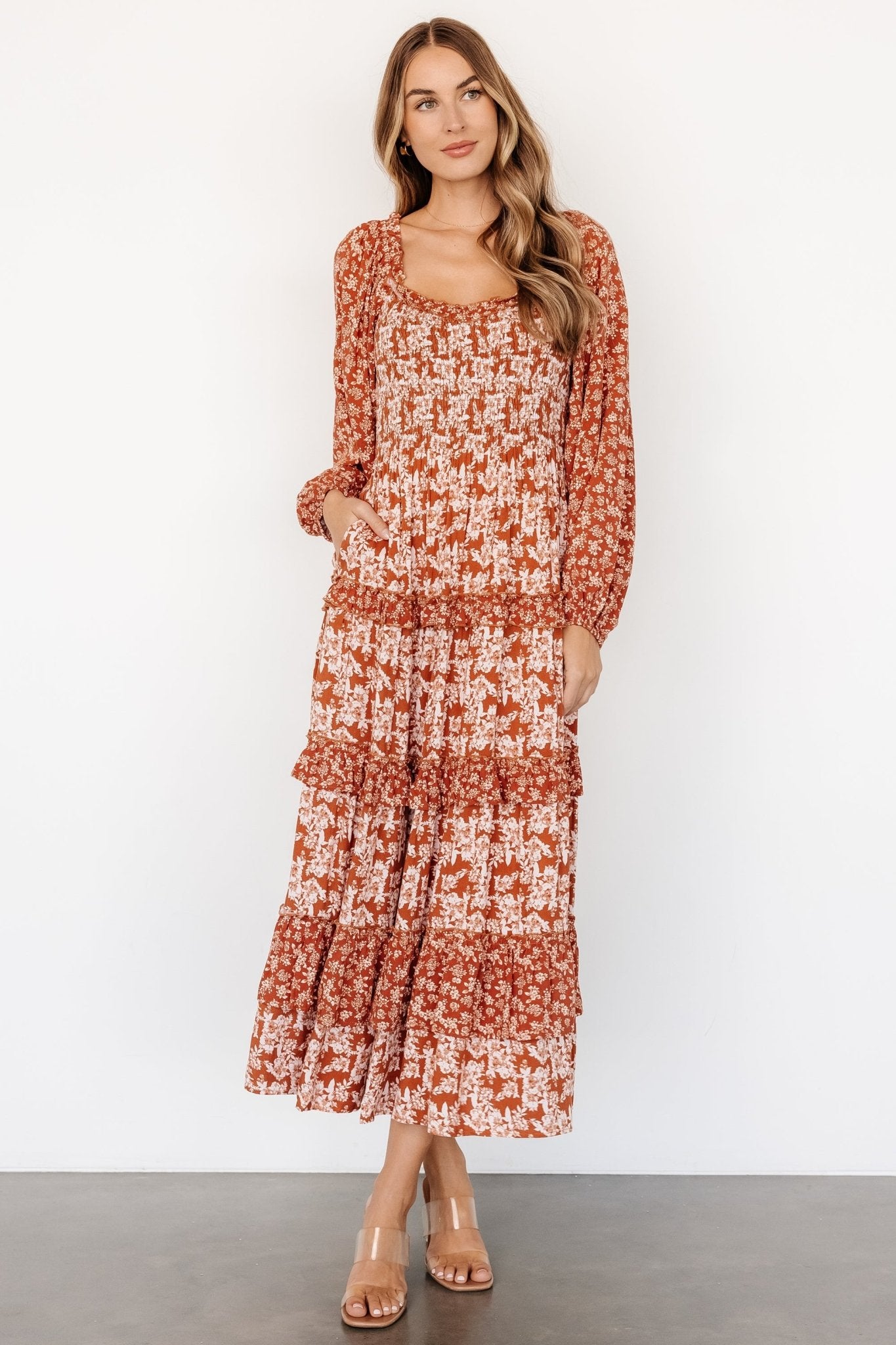 Dynah Tiered Dress | Rust +Cream Floral Pay With Visa For Sale