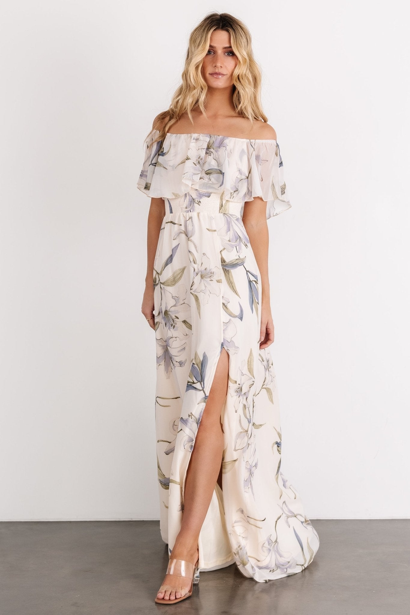 Daphne Off Shoulder Maxi Dress | Beige + Blue Floral Manchester Sale Online