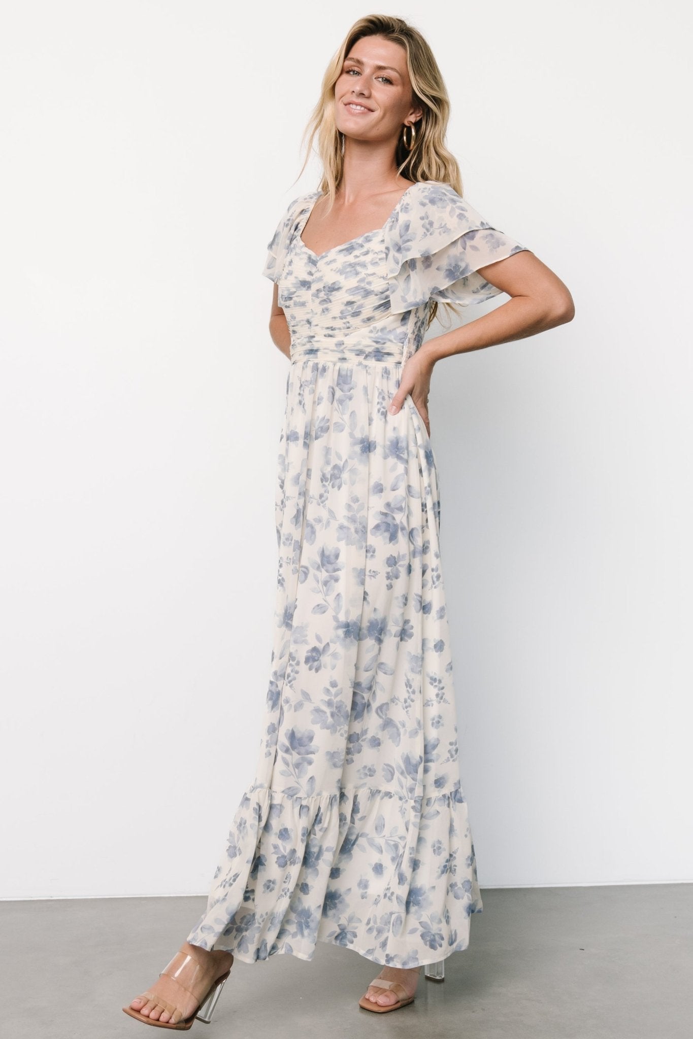 Juliana Pleated Top Dress | Ivory + Blue Floral Looking For For Sale