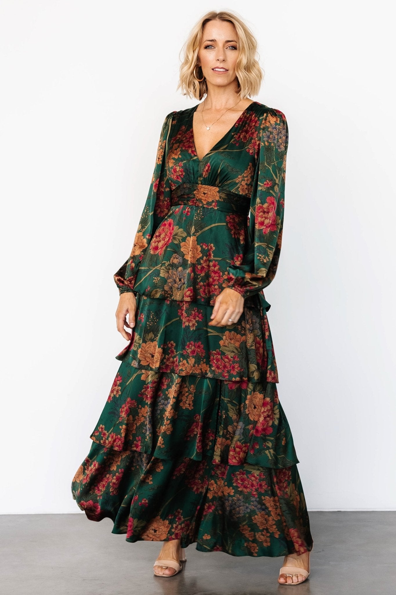 Montrouge Tiered Satin Dress | Emerald Floral Cheap Sale Purchase