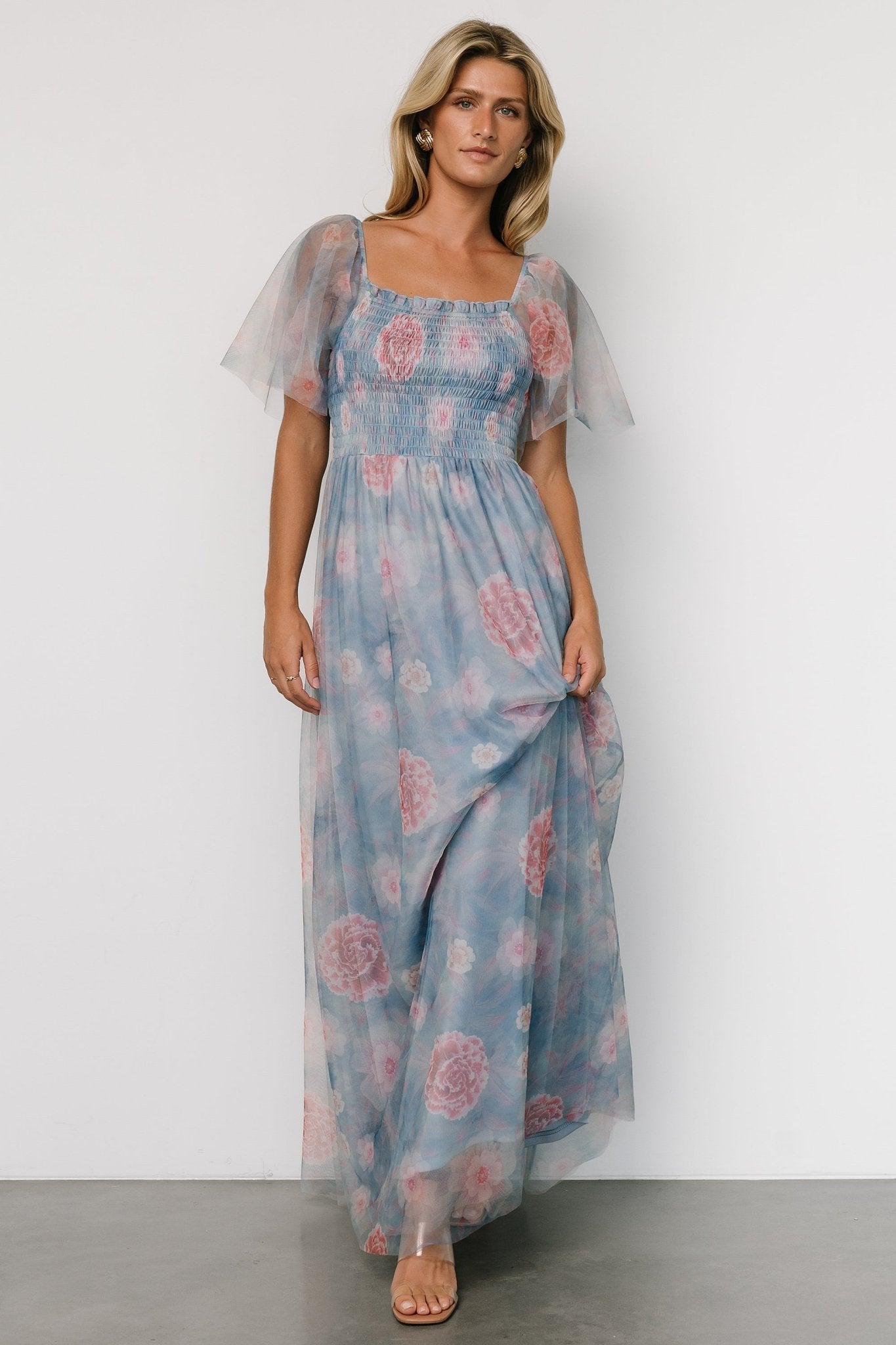 Cassandra Tulle Maxi Dress | Light Blue + Pink Floral 100% Authentic Sale Online