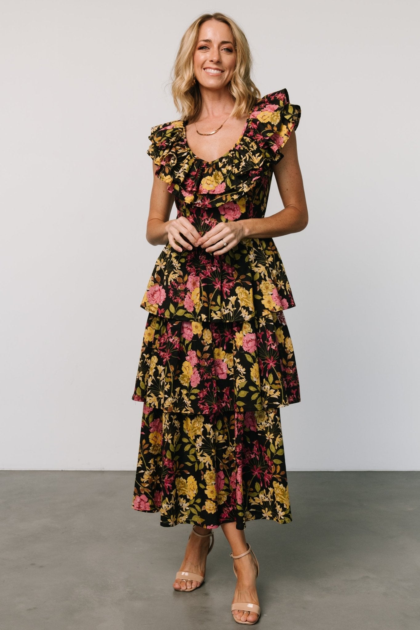 Francesca Tiered Maxi Dress | Black Floral Best Pices