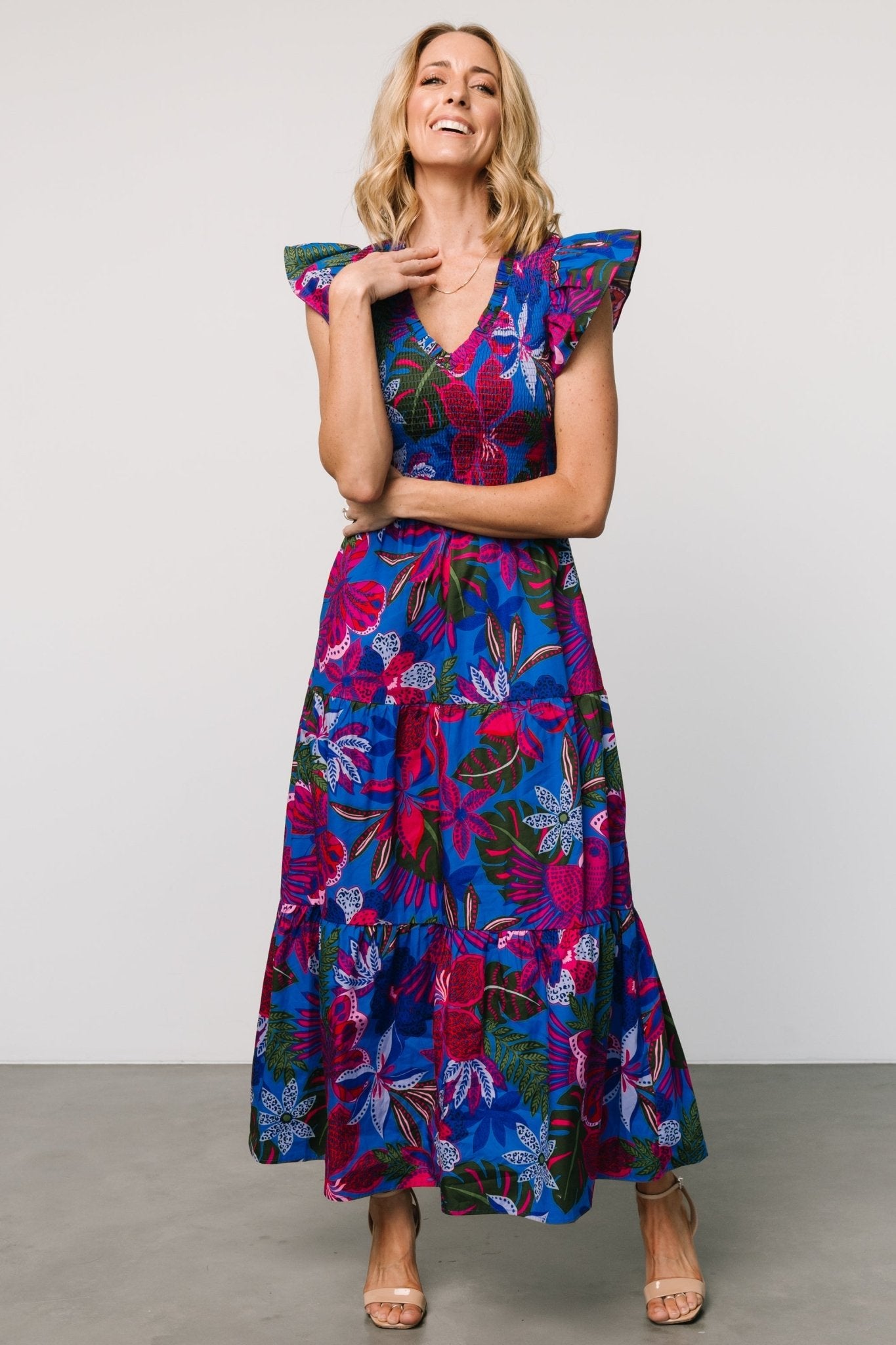 Ranchero Smocked Maxi Dress | Cobalt + Fuchsia Print Cheapest Pice Cheap Online