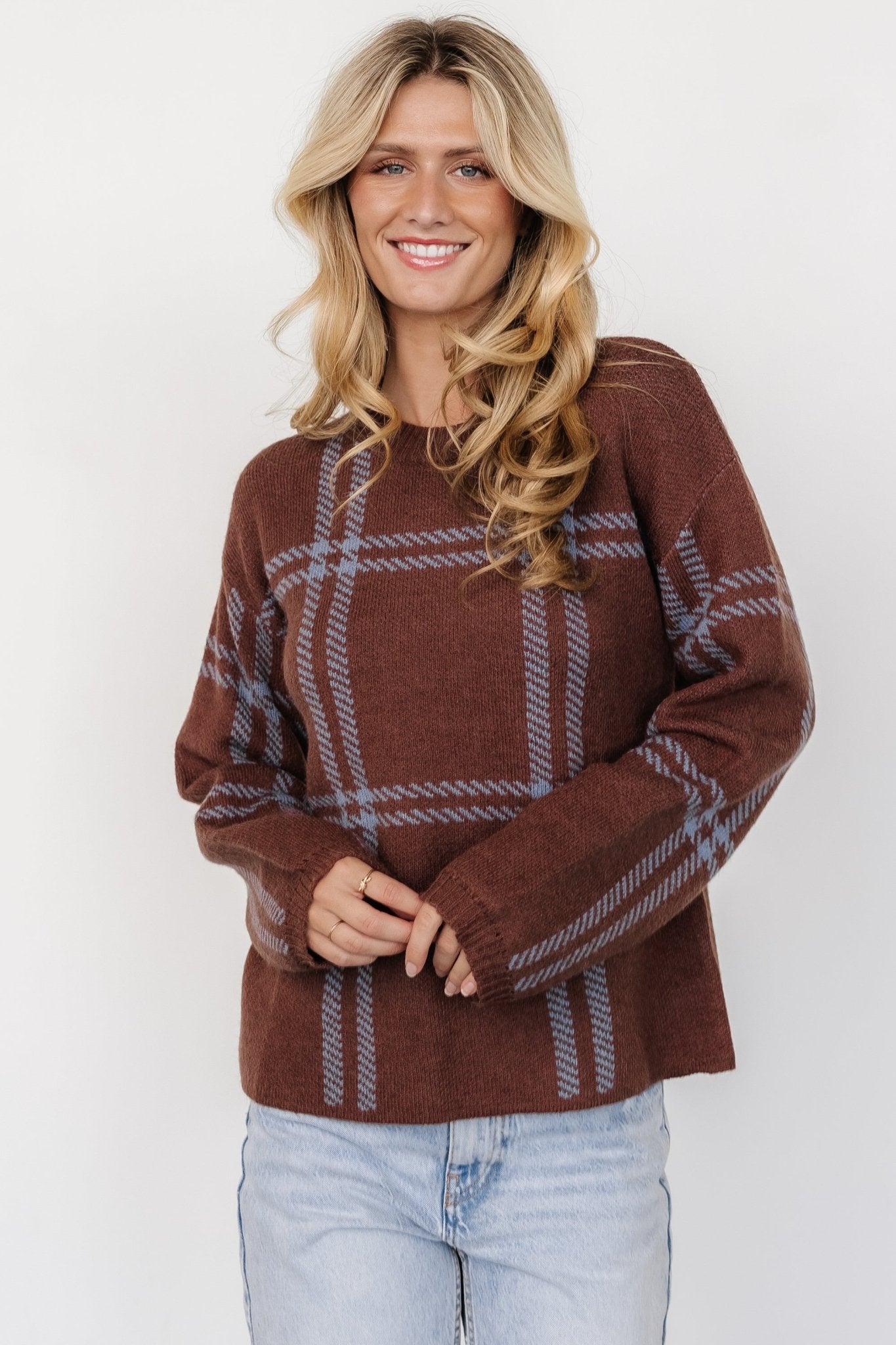 Francie Sweater | Brown + Blue Plaid Clearance Pices