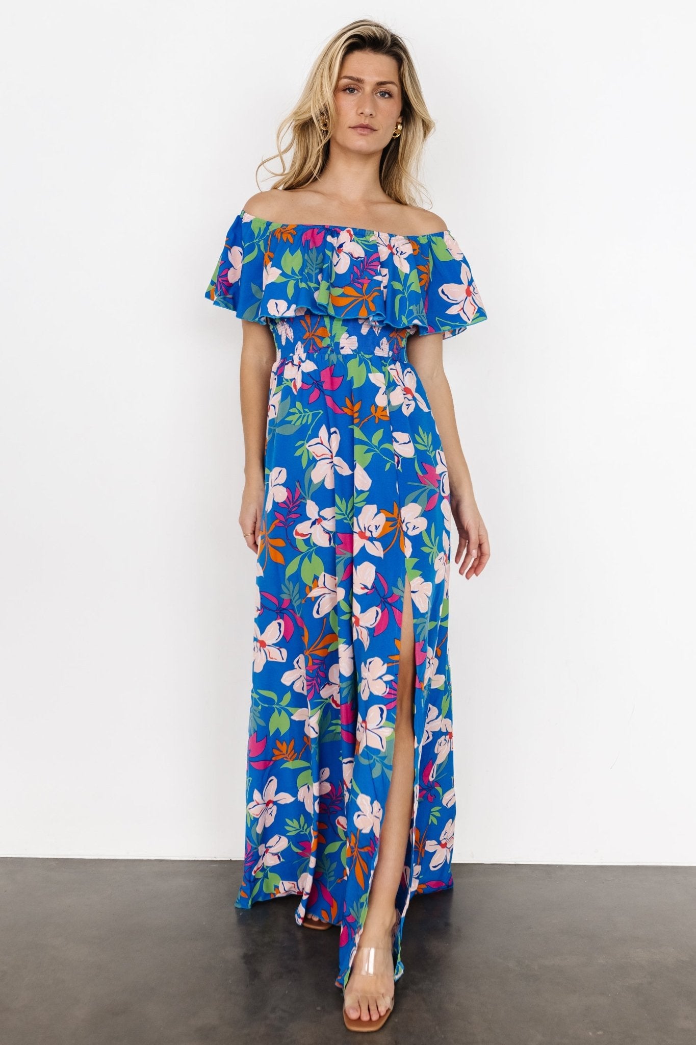 Talia Off Shoulder Maxi Dress | Blue Floral Clearance Newest