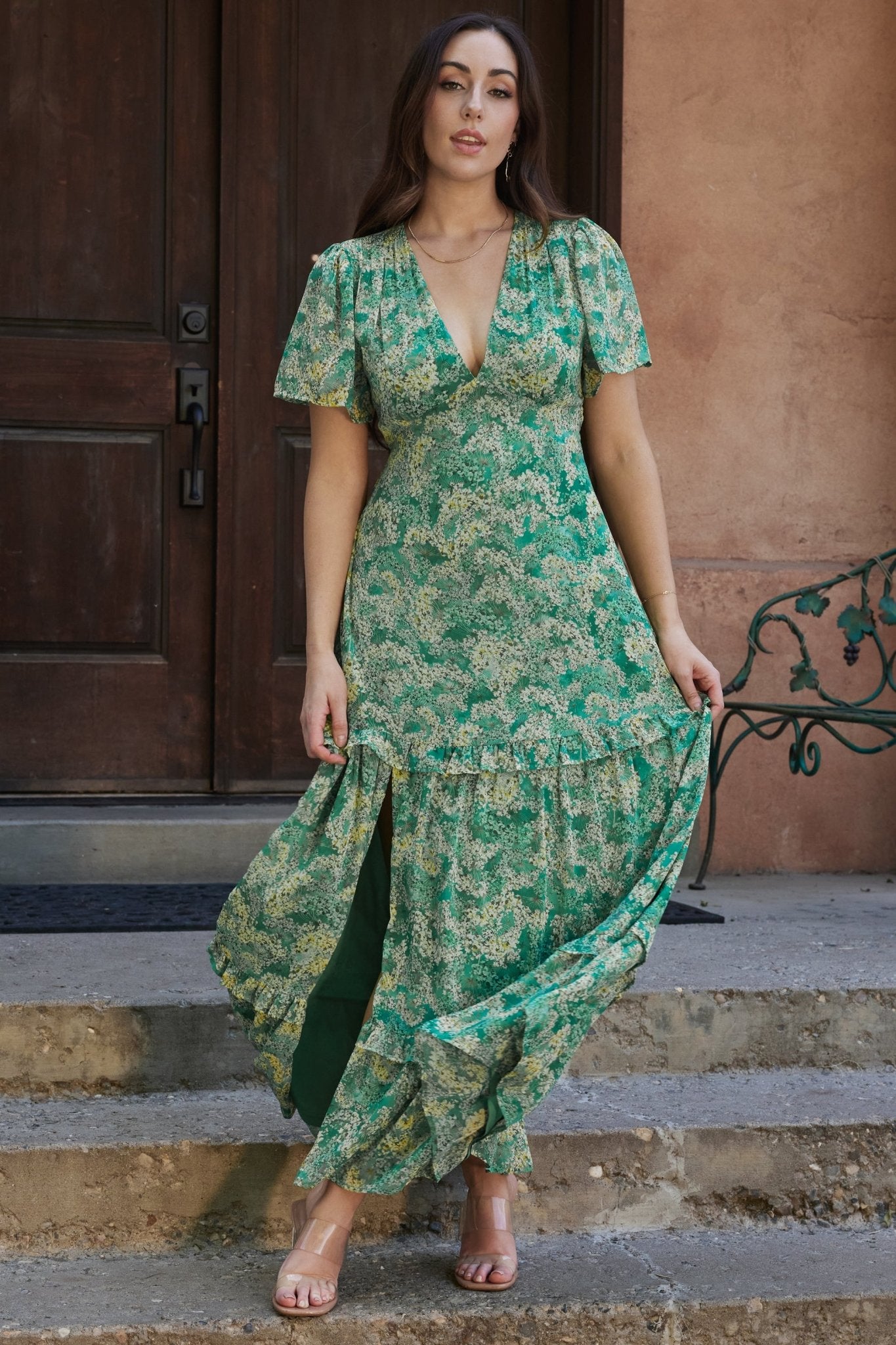 Audrey Deep V Maxi Dress | Green Floral Outlet Buy