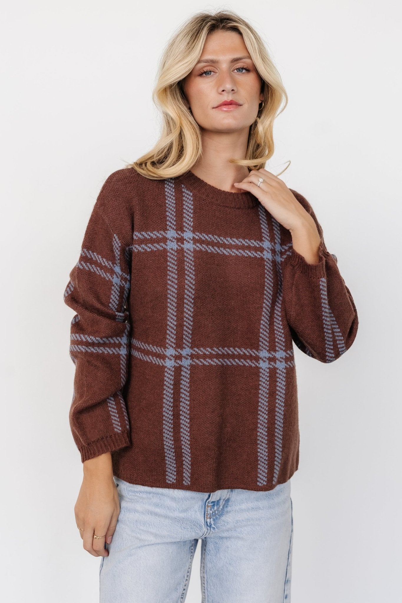 Francie Sweater | Brown + Blue Plaid Clearance Pices