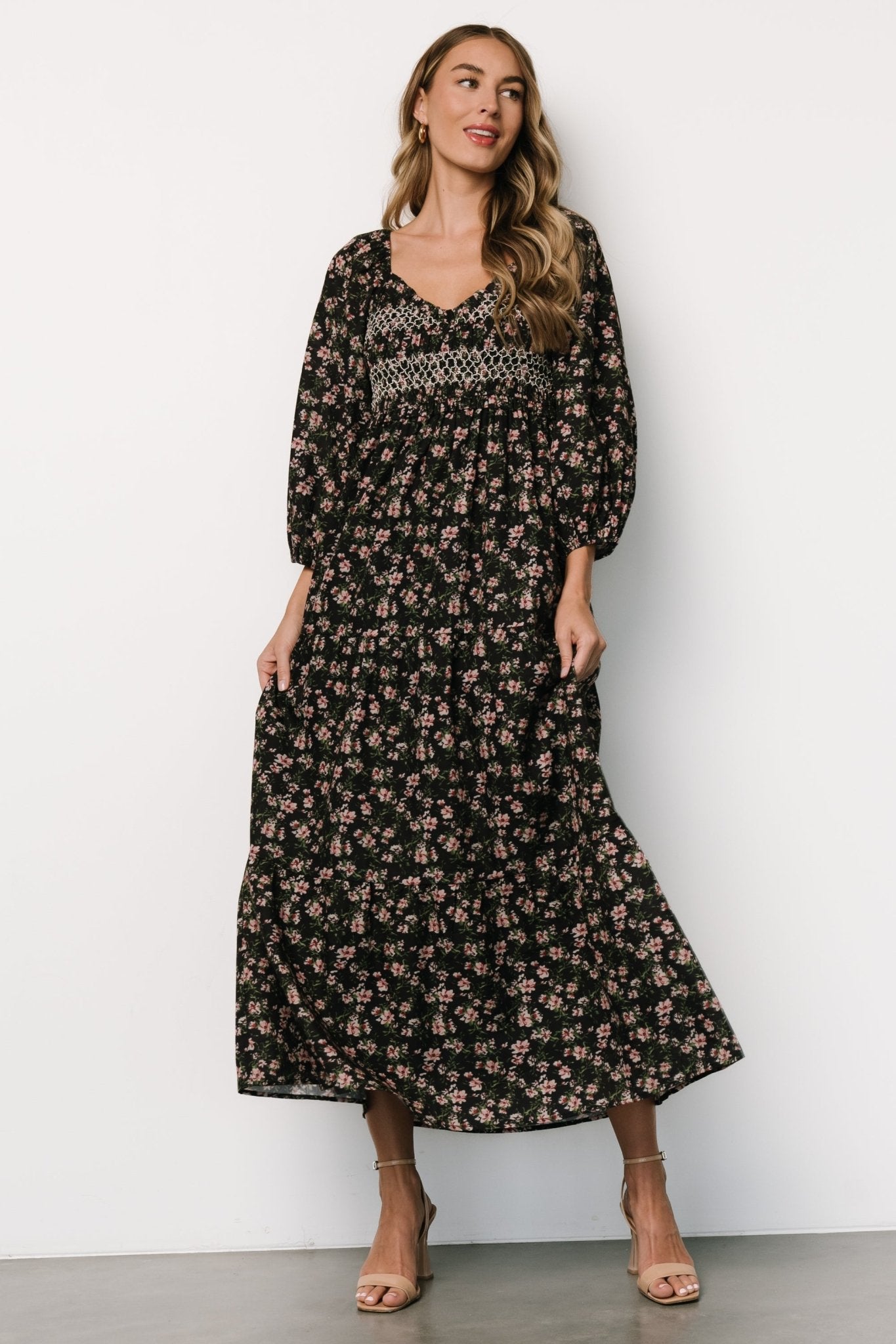 Louisa Smocked Maxi Dress | Black Floral Cheap Sale Online