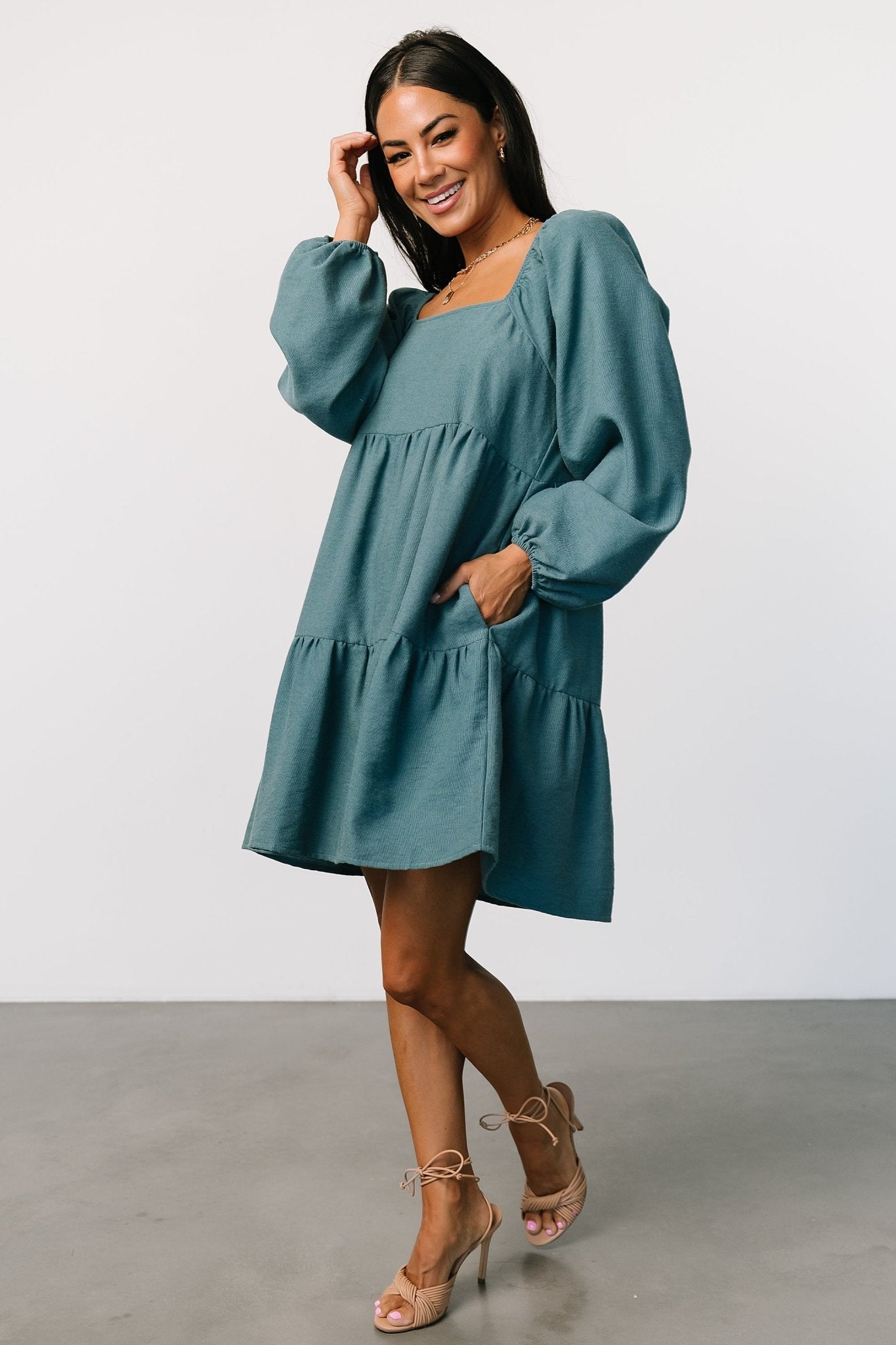 Selena Tiered Mini Dress | Vintage Teal Free Shipping Manchester