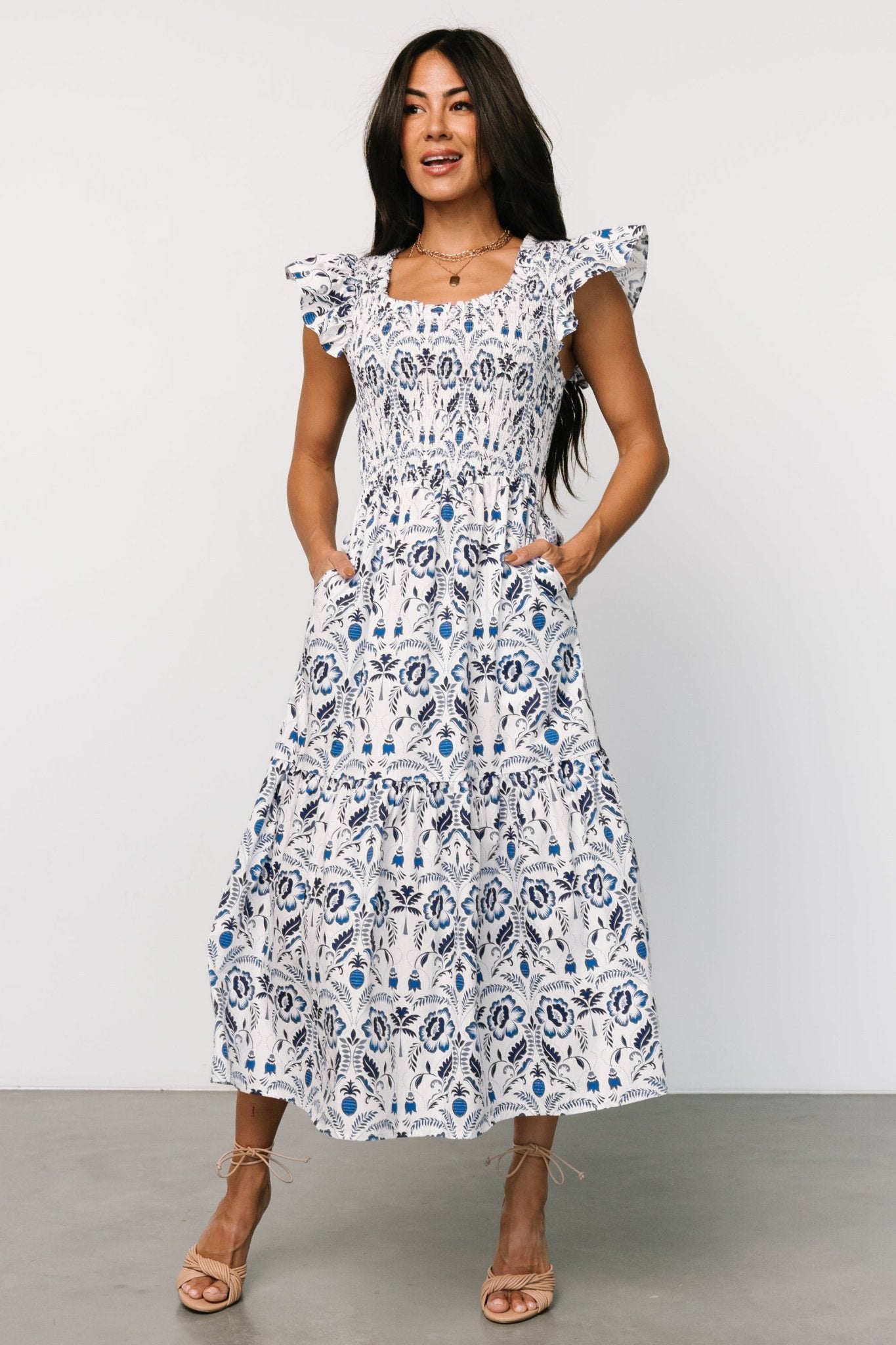 Rhodes Smocked Dress | White + Blue Print Tumblr Sale Online