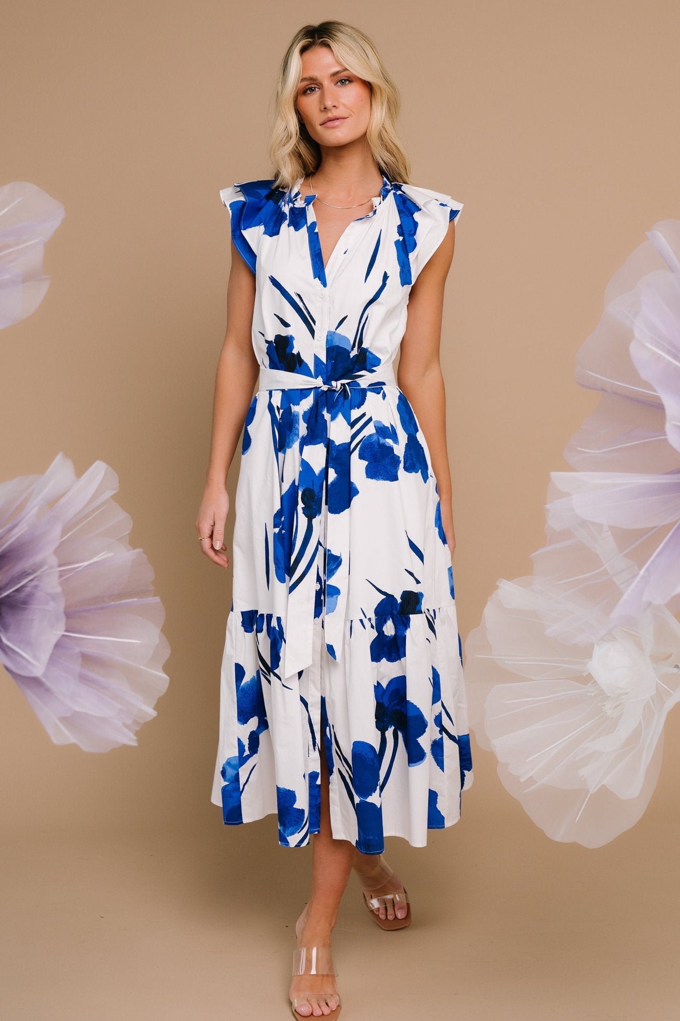 Blakely Button Dress | White + Cobalt Best Wholesale For Sale