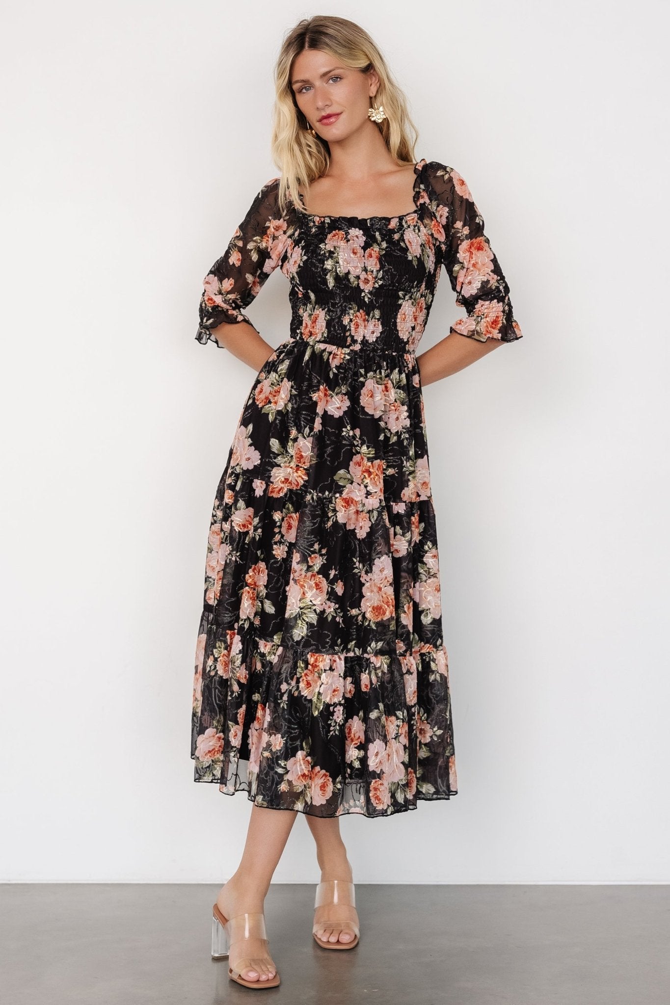 Fabian Jacquard Midi Dress | Peach + Black Floral 2025 Cheap Pice