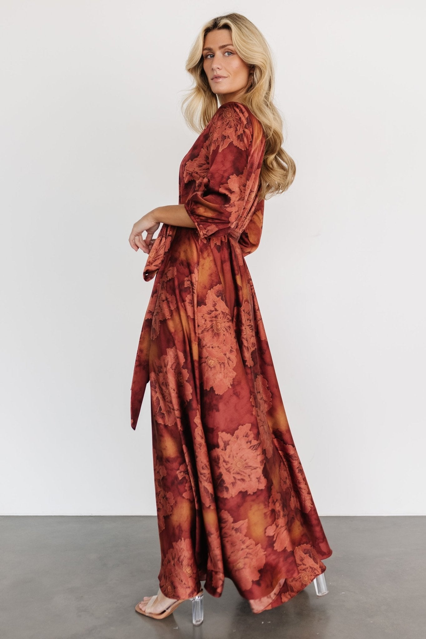 Paula Satin Maxi Dress | Terracotta Floral Outlet Affordable