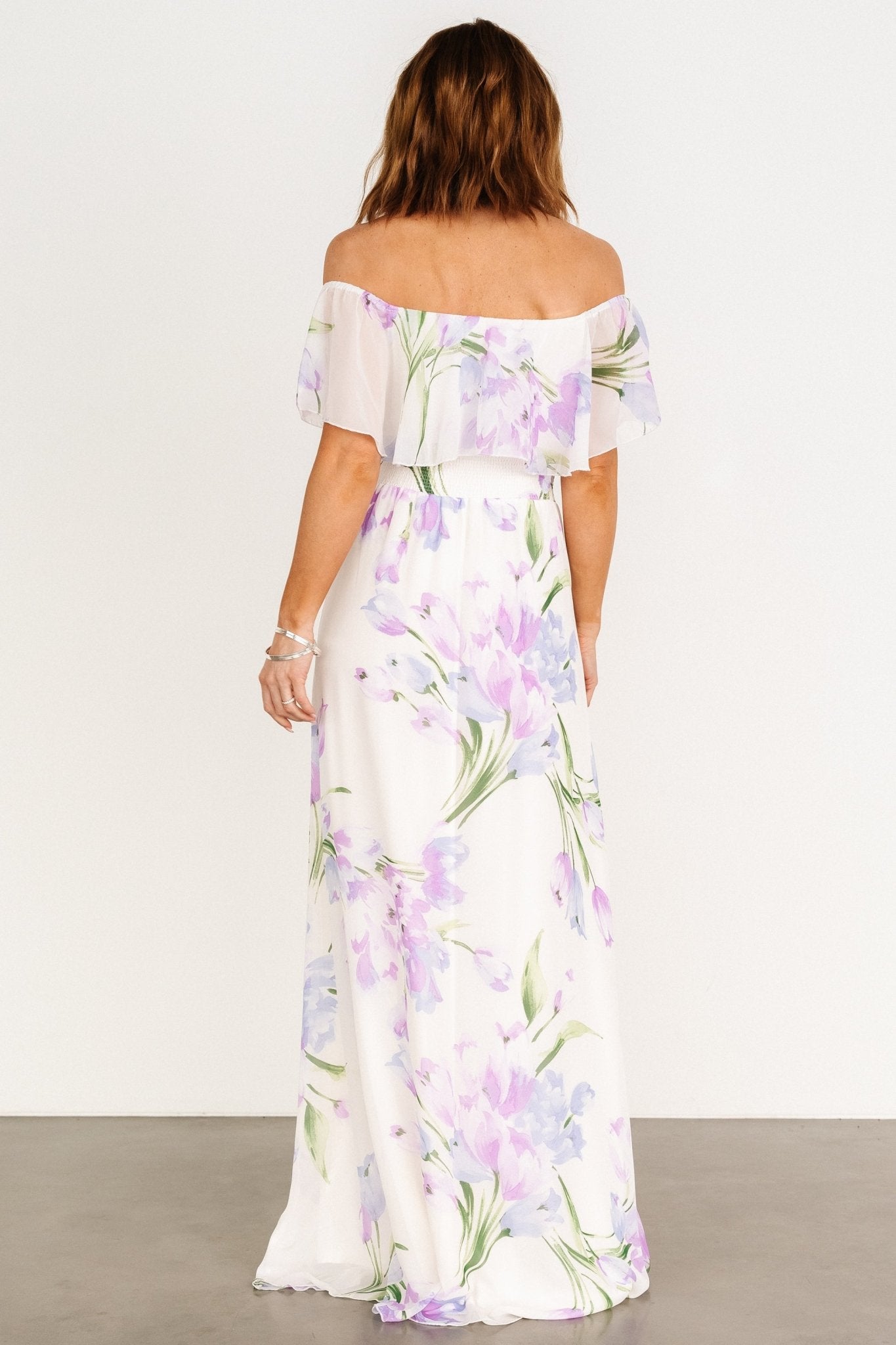 Daphne Off Shoulder Maxi Dress | Ivory + Lavender Floral Cheap Sale Excellent