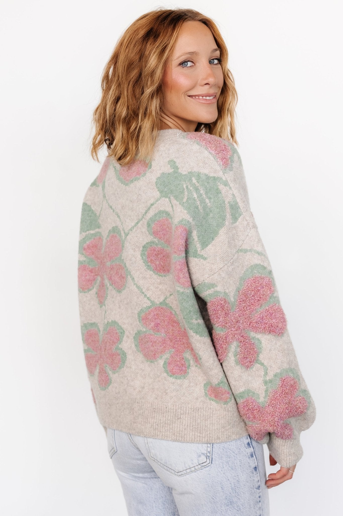 Lisbeth Flower Sweater | Green + Pink Shop For Sale