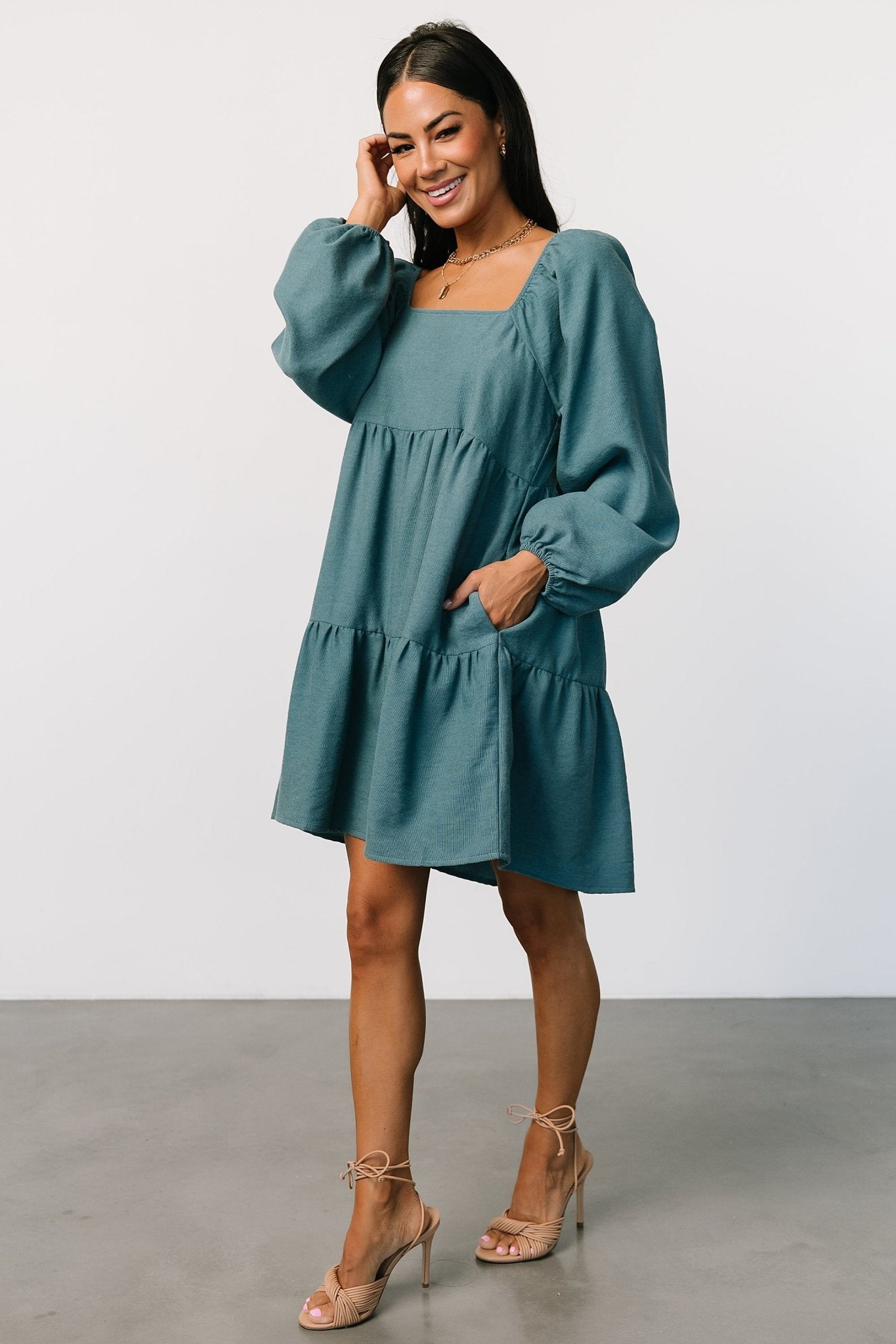 Selena Tiered Mini Dress | Vintage Teal Free Shipping Manchester