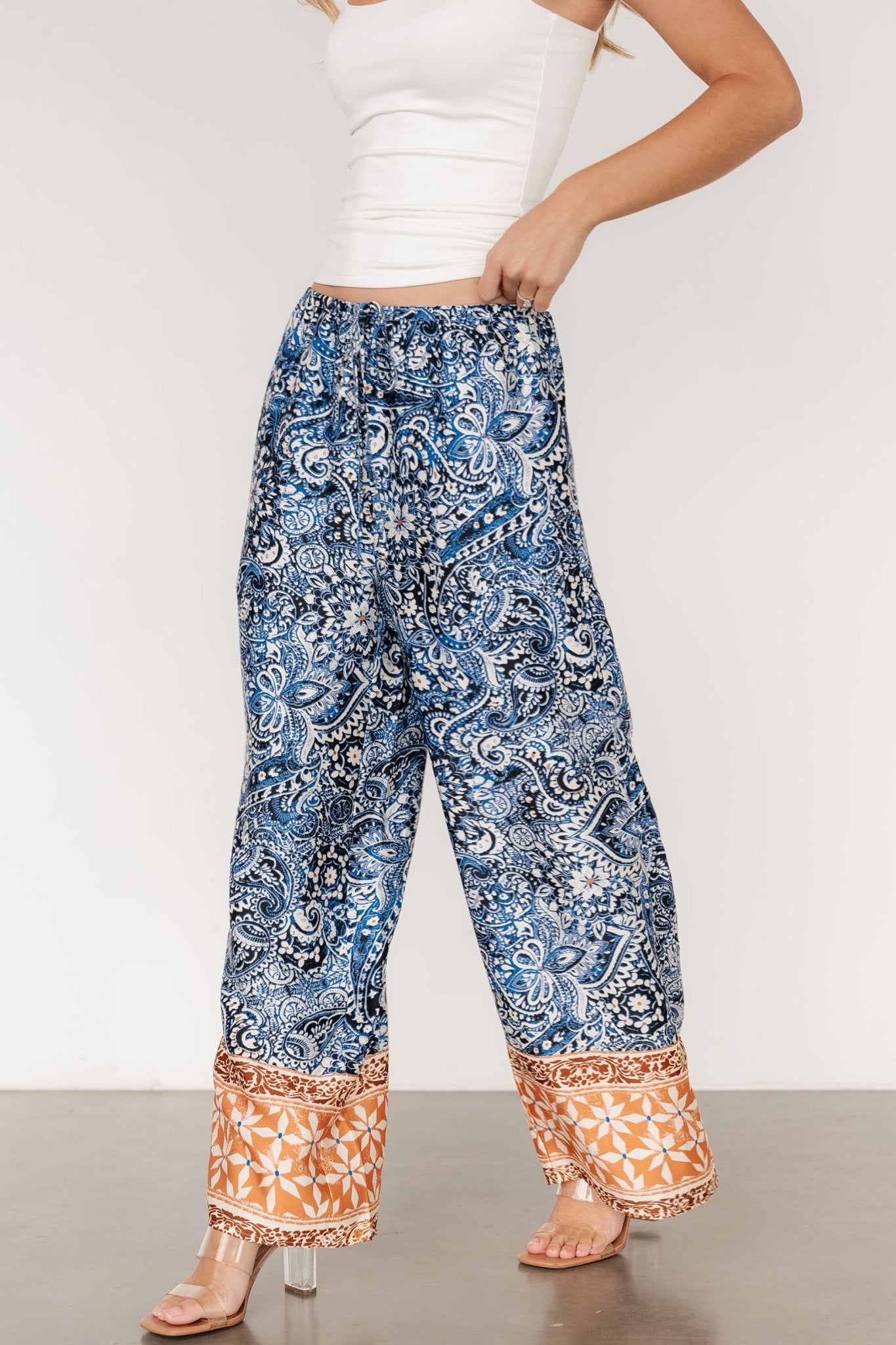 Zora Boho Satin Pants | Blue Multi Print For Sale Finishline