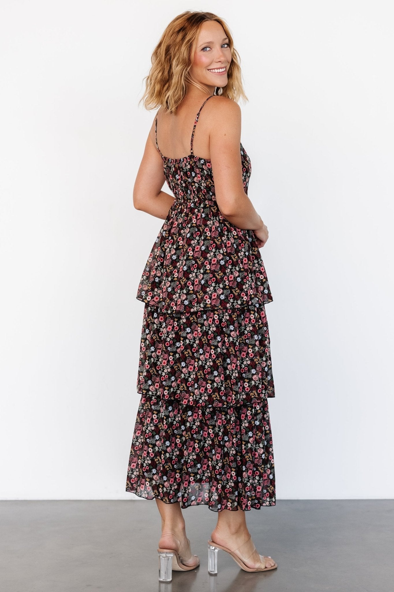 Caprice Tiered Dress | Black Floral Marketable For Sale