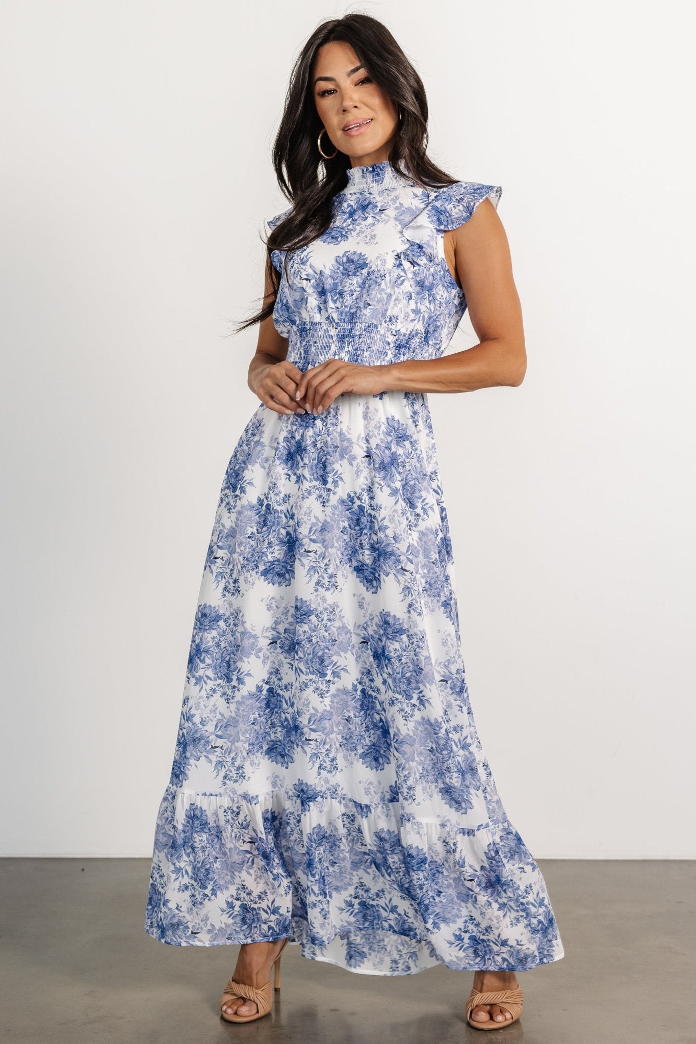 Kearny Ruffle Maxi Dress | White + Blue Floral Buy Cheap Footlocker Pictures