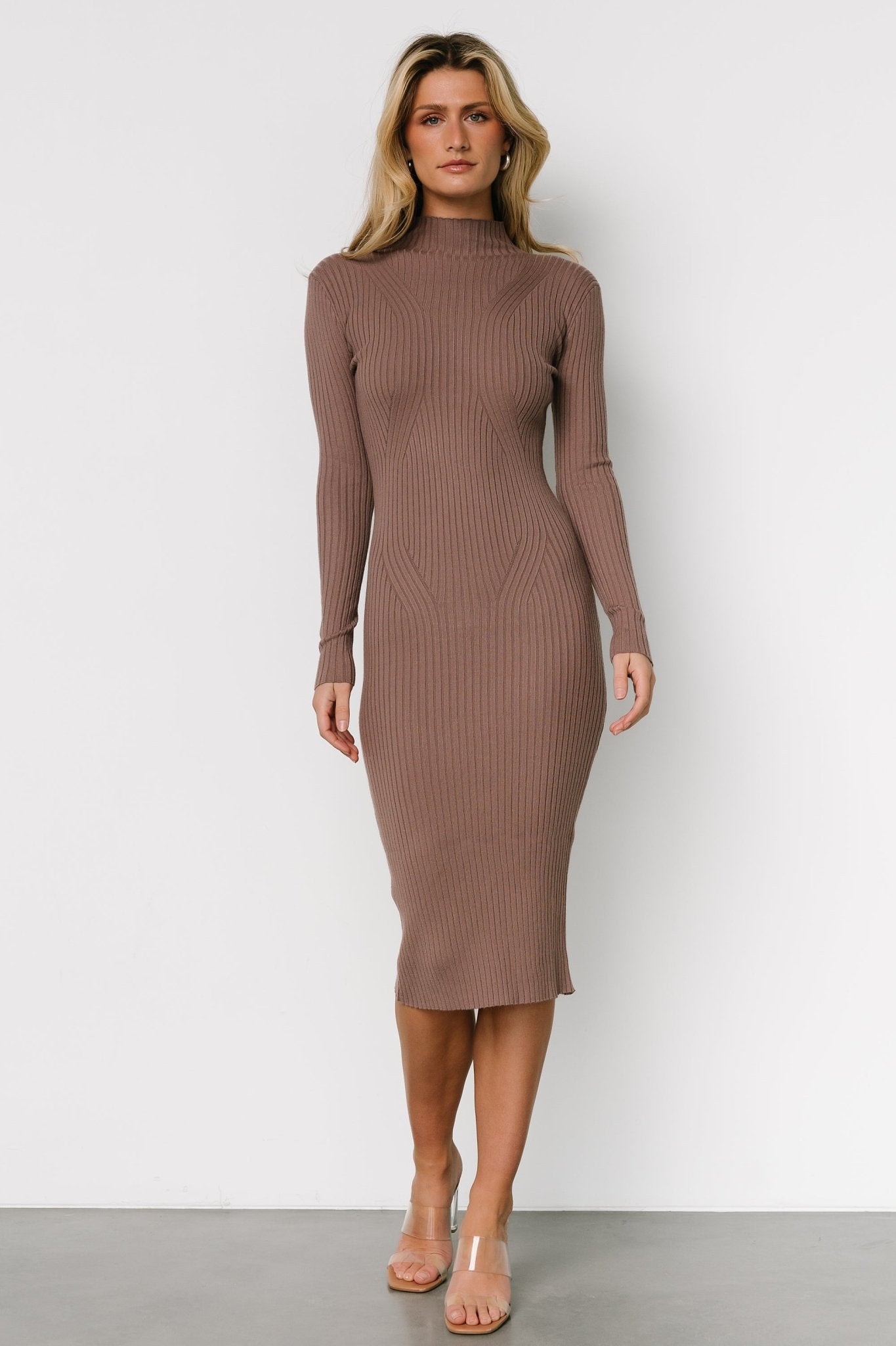 Lindsey Mock Neck Midi Dress | Dusty Mocha Discount Pices