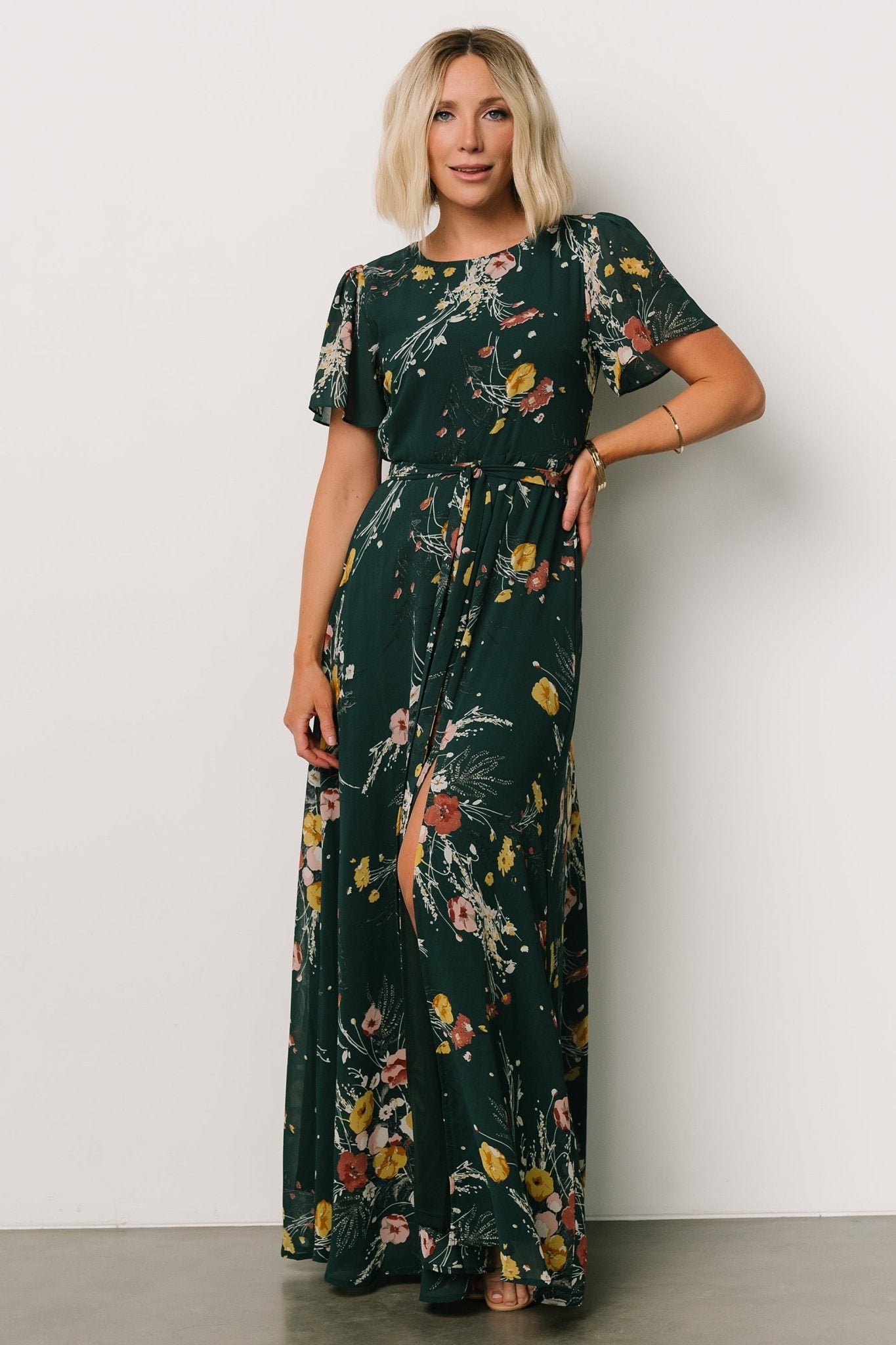 Naomi Short Sleeve Maxi Dress | Dark Green Floral Best Sale For Sale