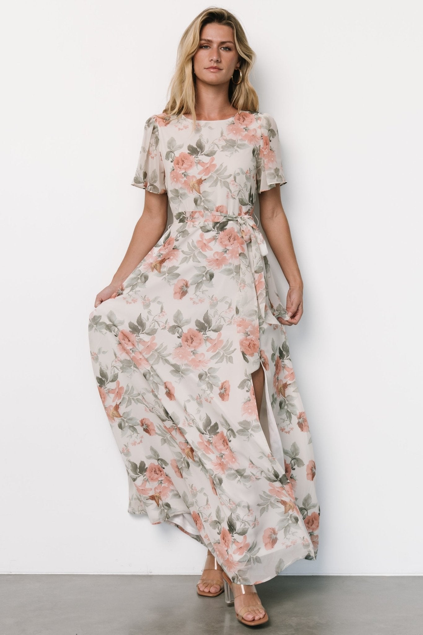 Naomi Short Sleeve Maxi Dress | Ivory + Coral Floral Cheap Get Authentic