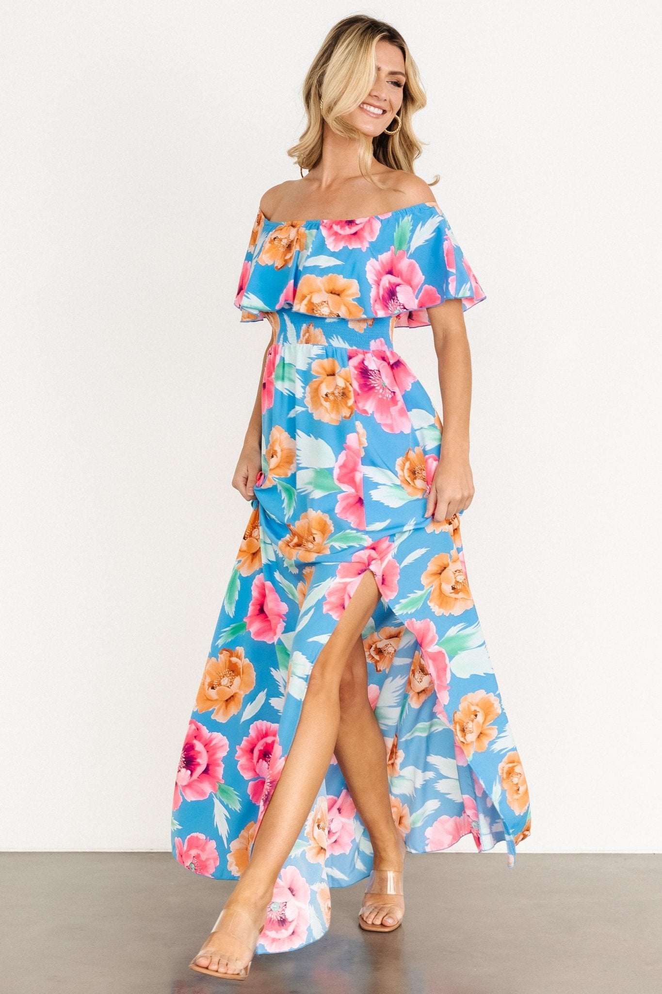 Talia Off Shoulder Maxi Dress | Sea Blue Floral Outlet Finishline