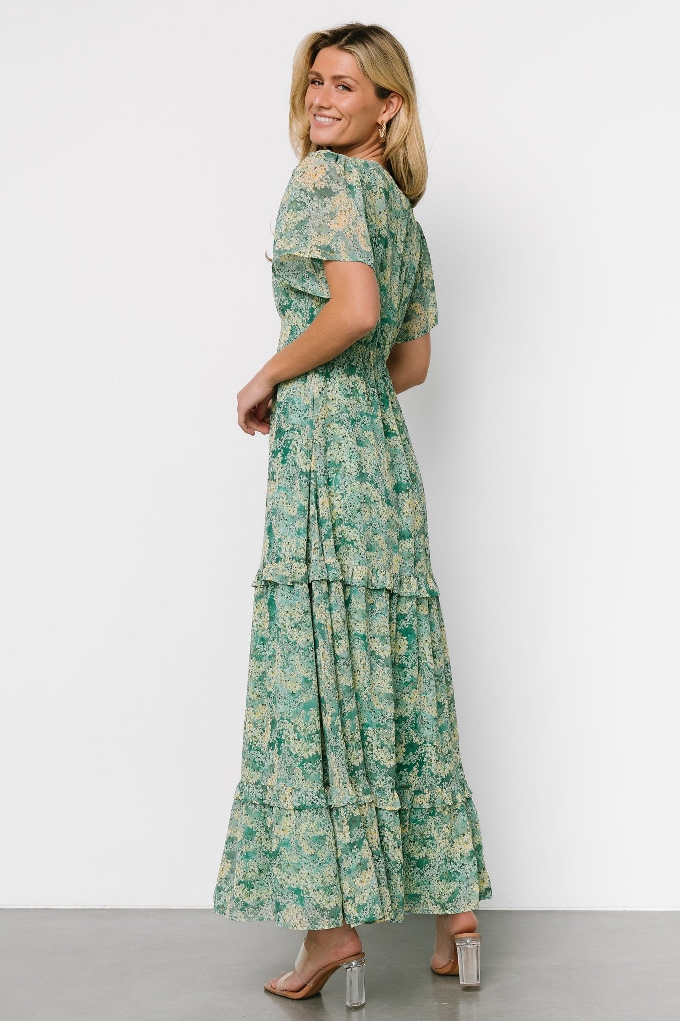 Audrey Deep V Maxi Dress | Green Floral Outlet Buy