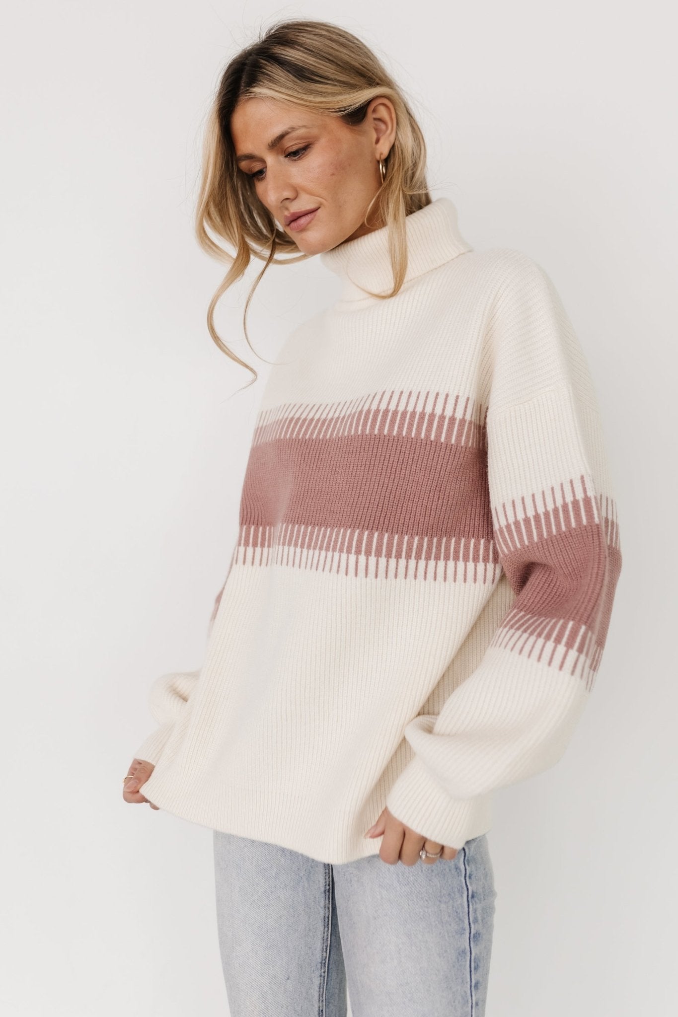 Antonov Turtle Neck Sweater | Mauve + Cream Low Pice Cheap Online
