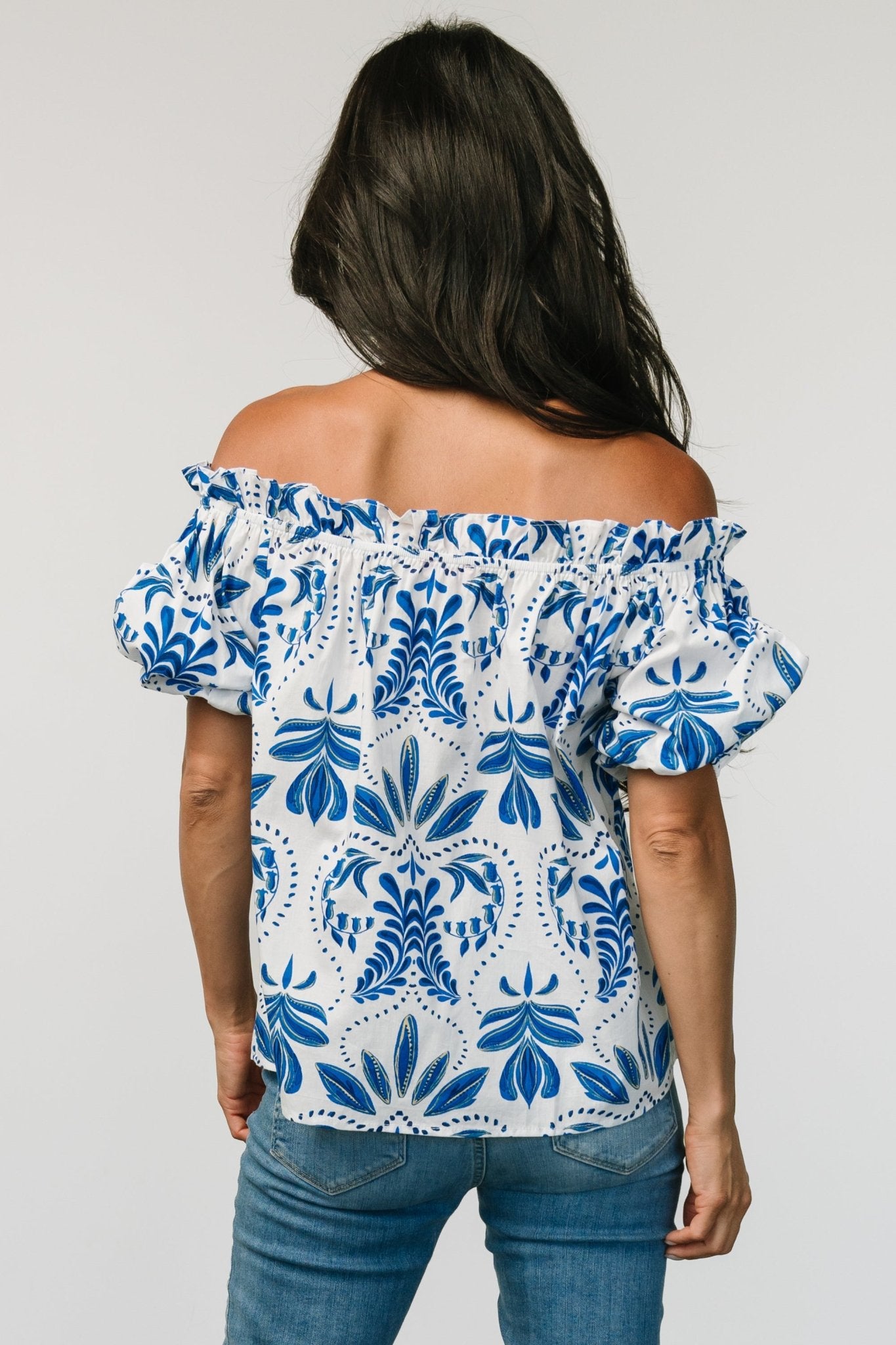 Santorini Off Shoulder Top | White + Blue Explore