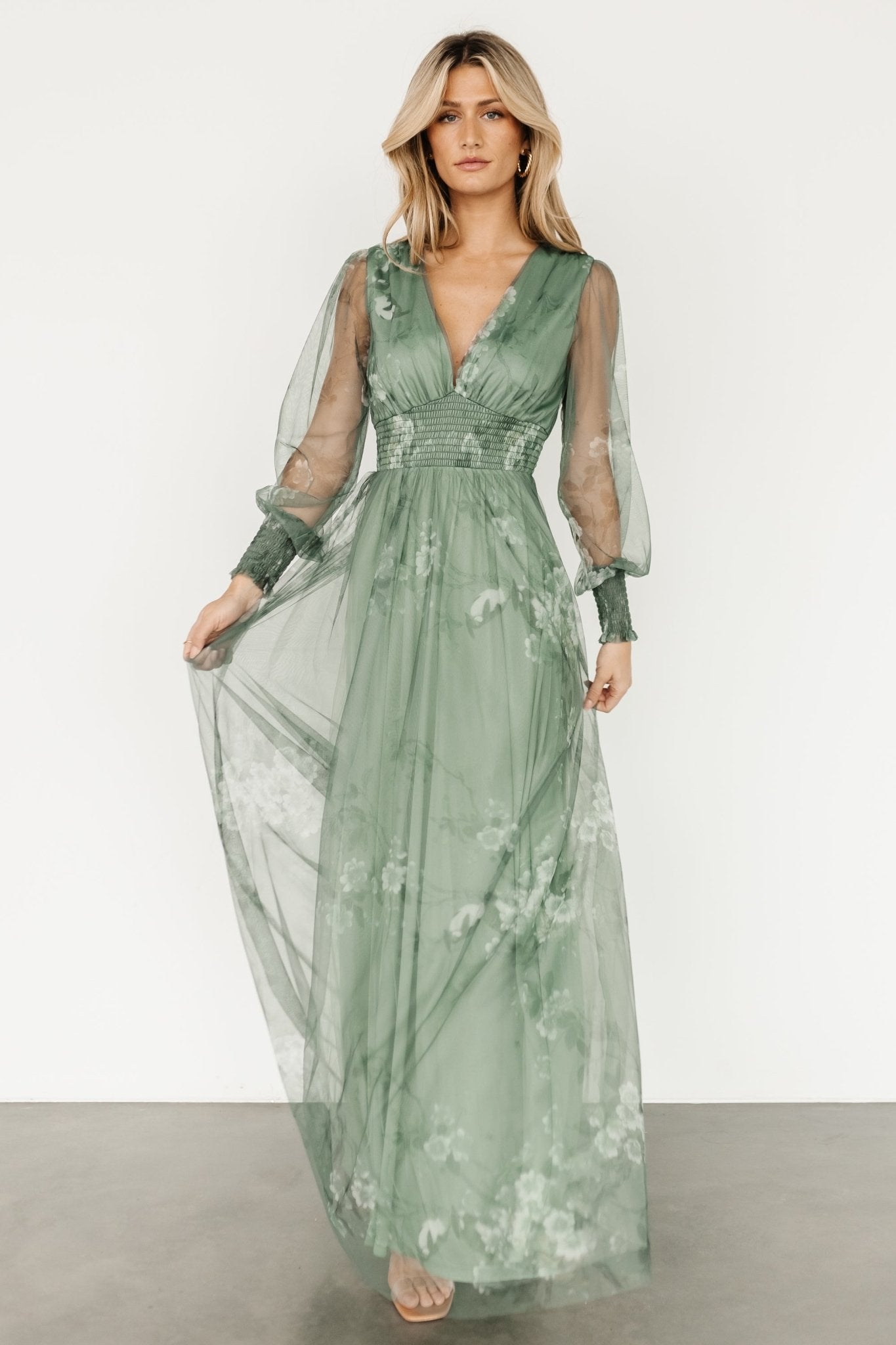 Layla Tulle Maxi Dress | Dusty Green Floral Sale New