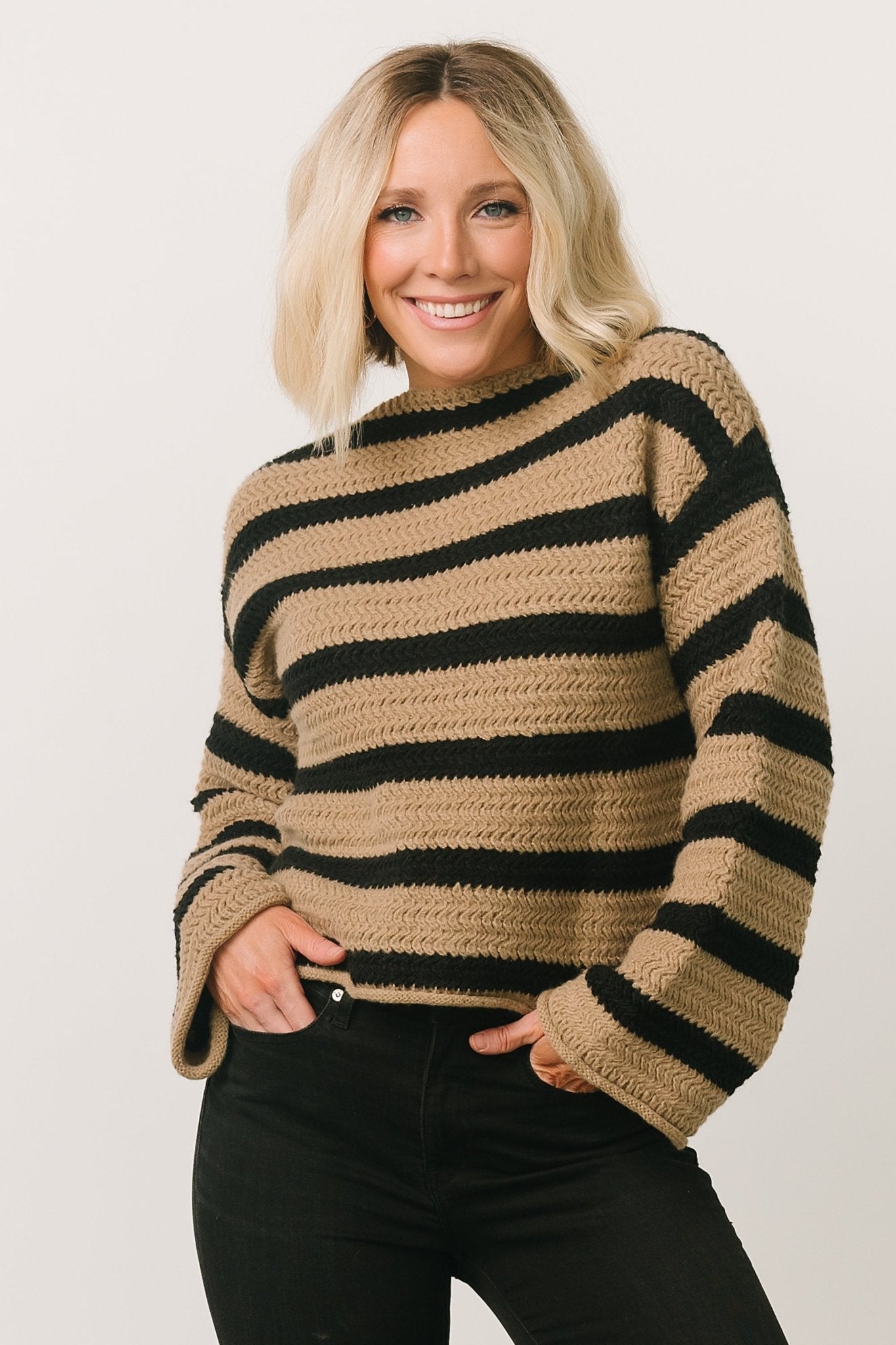 Robbie Striped Knit Sweater | Black + Camel Cheap Sale 2025