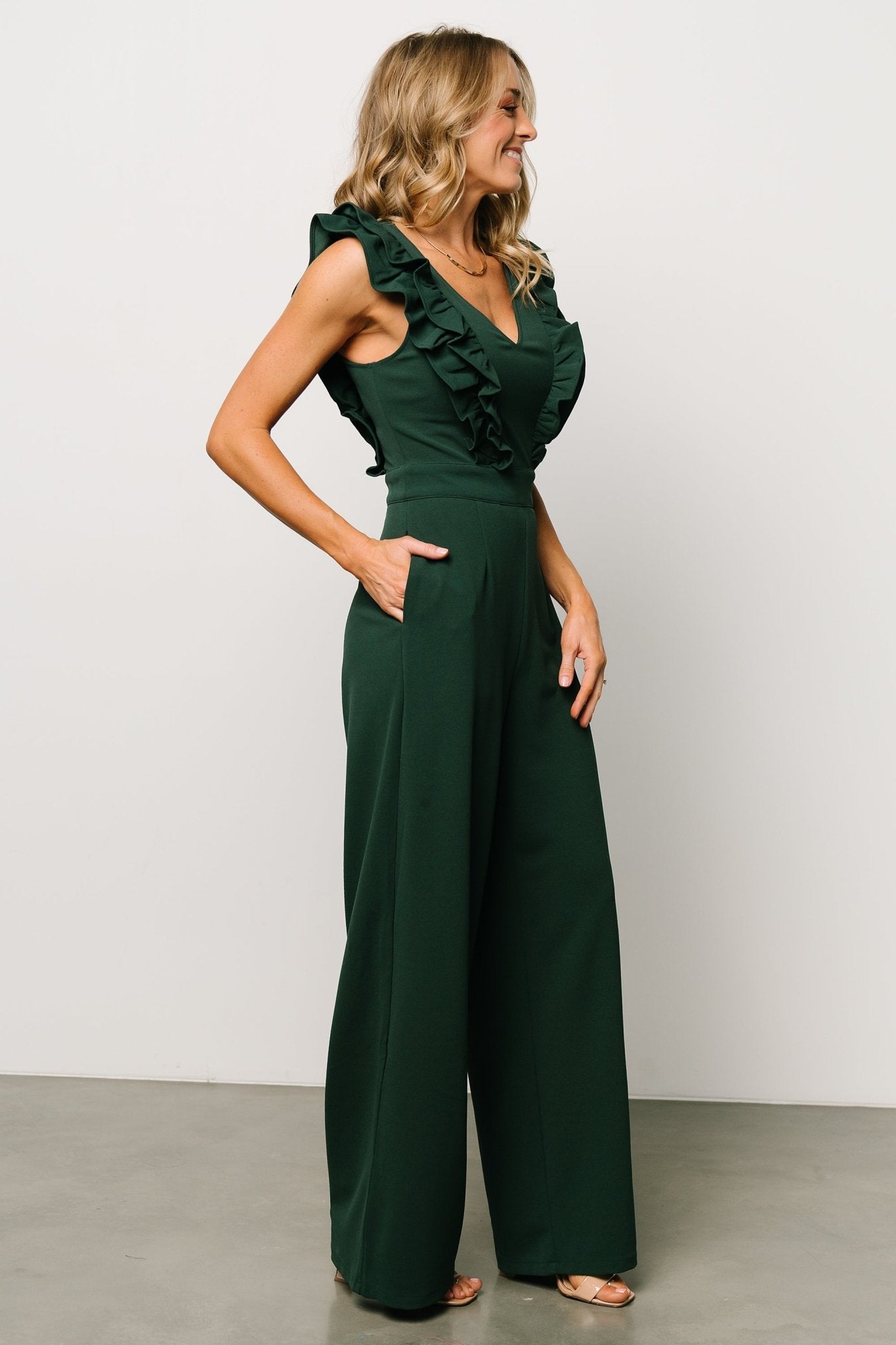 Descanso Ruffle Jumpsuit | Dark Green Clearance Wiki