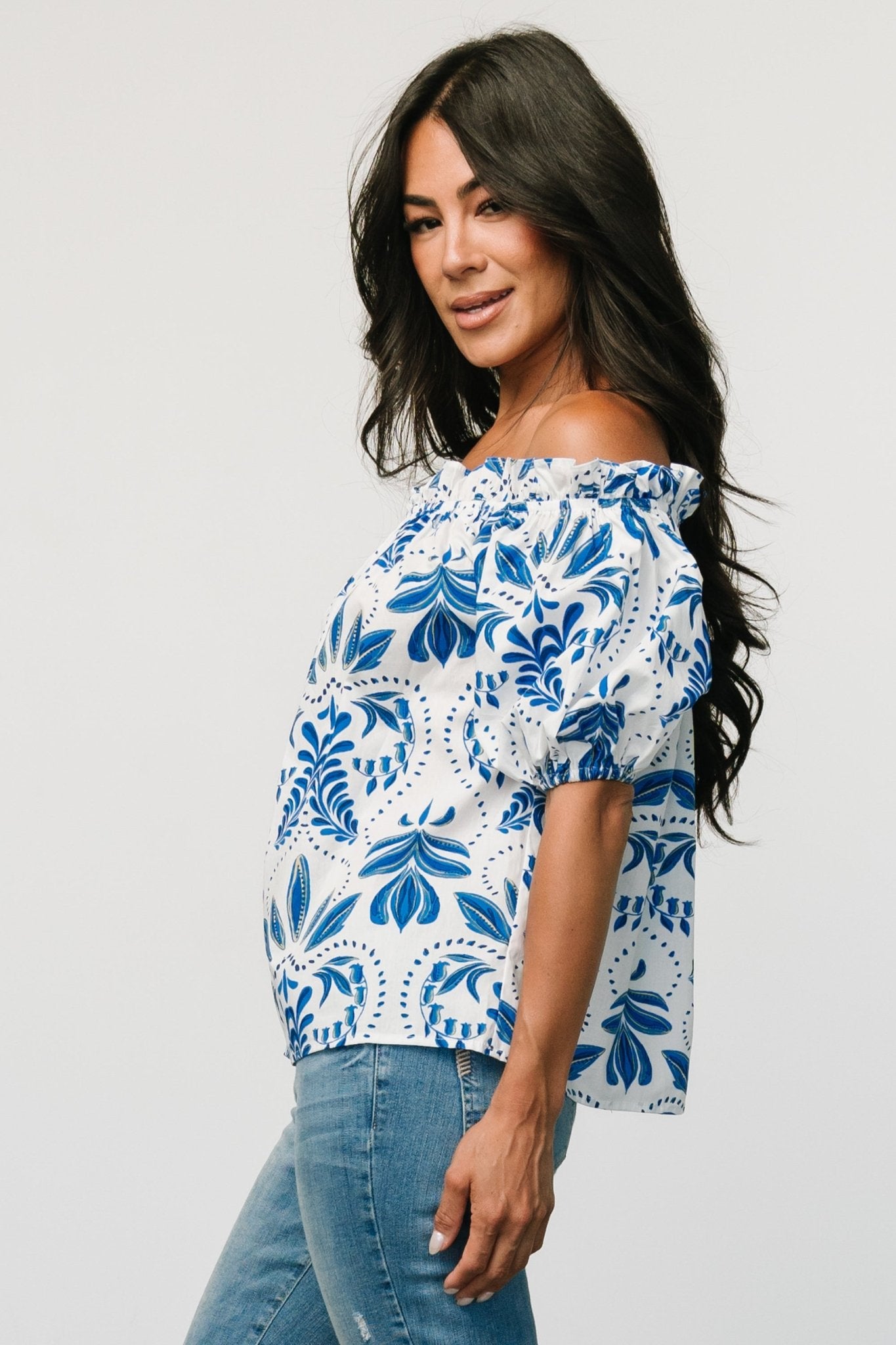 Santorini Off Shoulder Top | White + Blue Explore