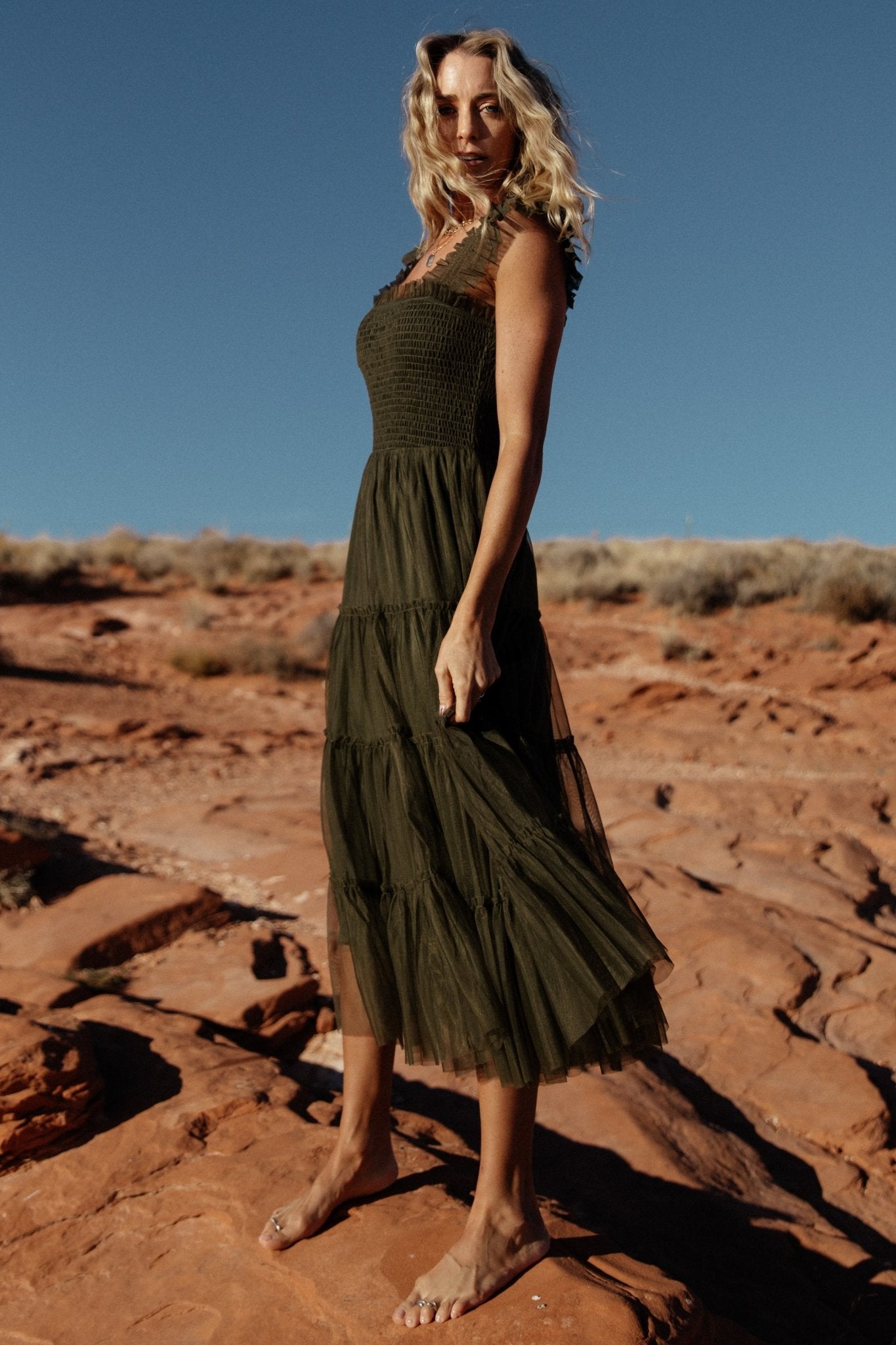 Emma Smocked Tulle Dress | Dark Olive Low Shipping Fee Online