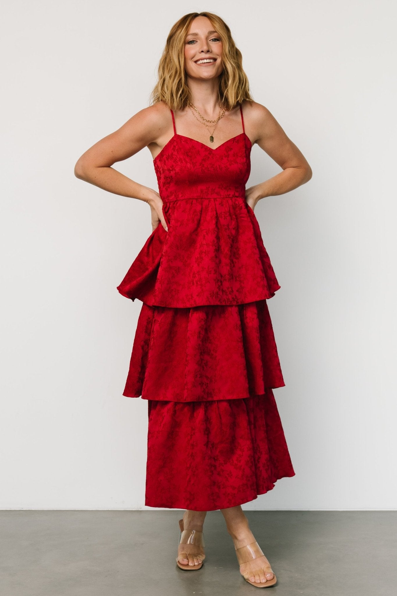 Violetta Embossed Tiered Dress | Deep Red Manchester For Sale