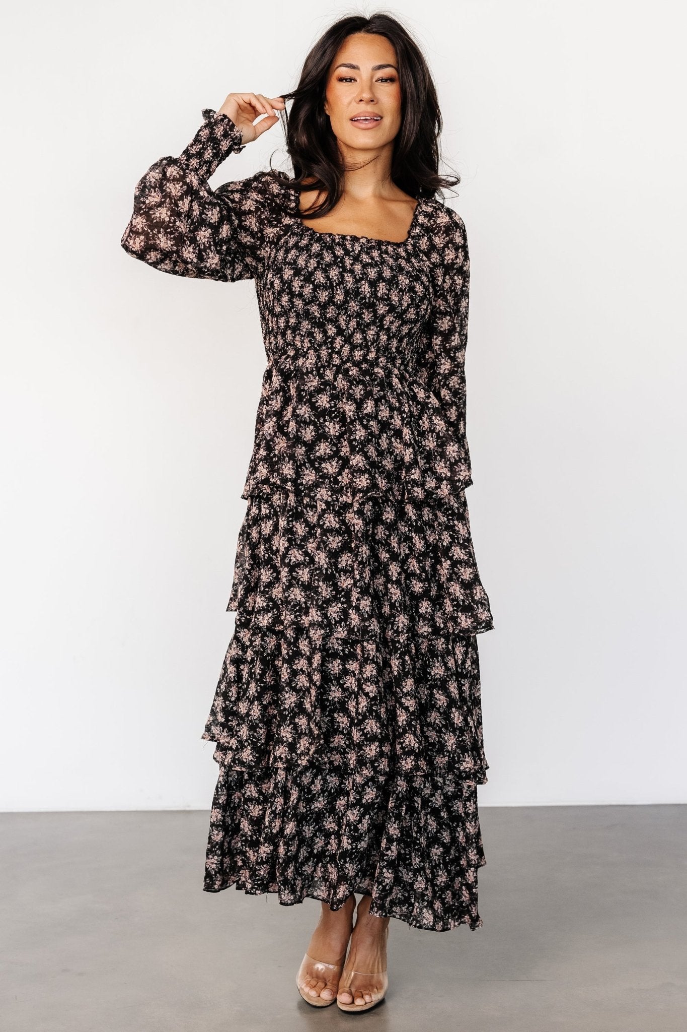 Miranda Tiered Maxi Dress | Black Floral Recommend