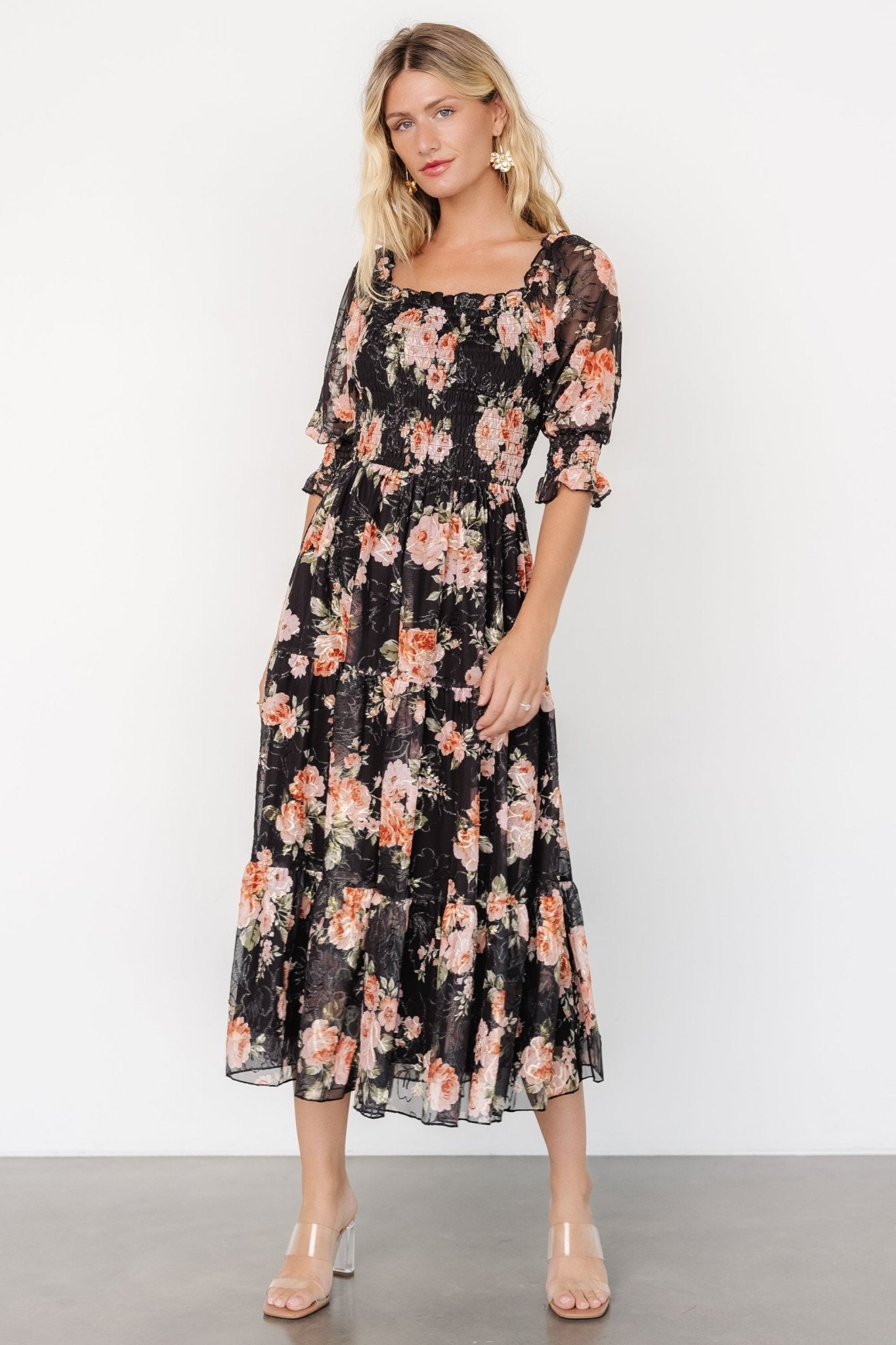 Fabian Jacquard Midi Dress | Peach + Black Floral 2025 Cheap Pice