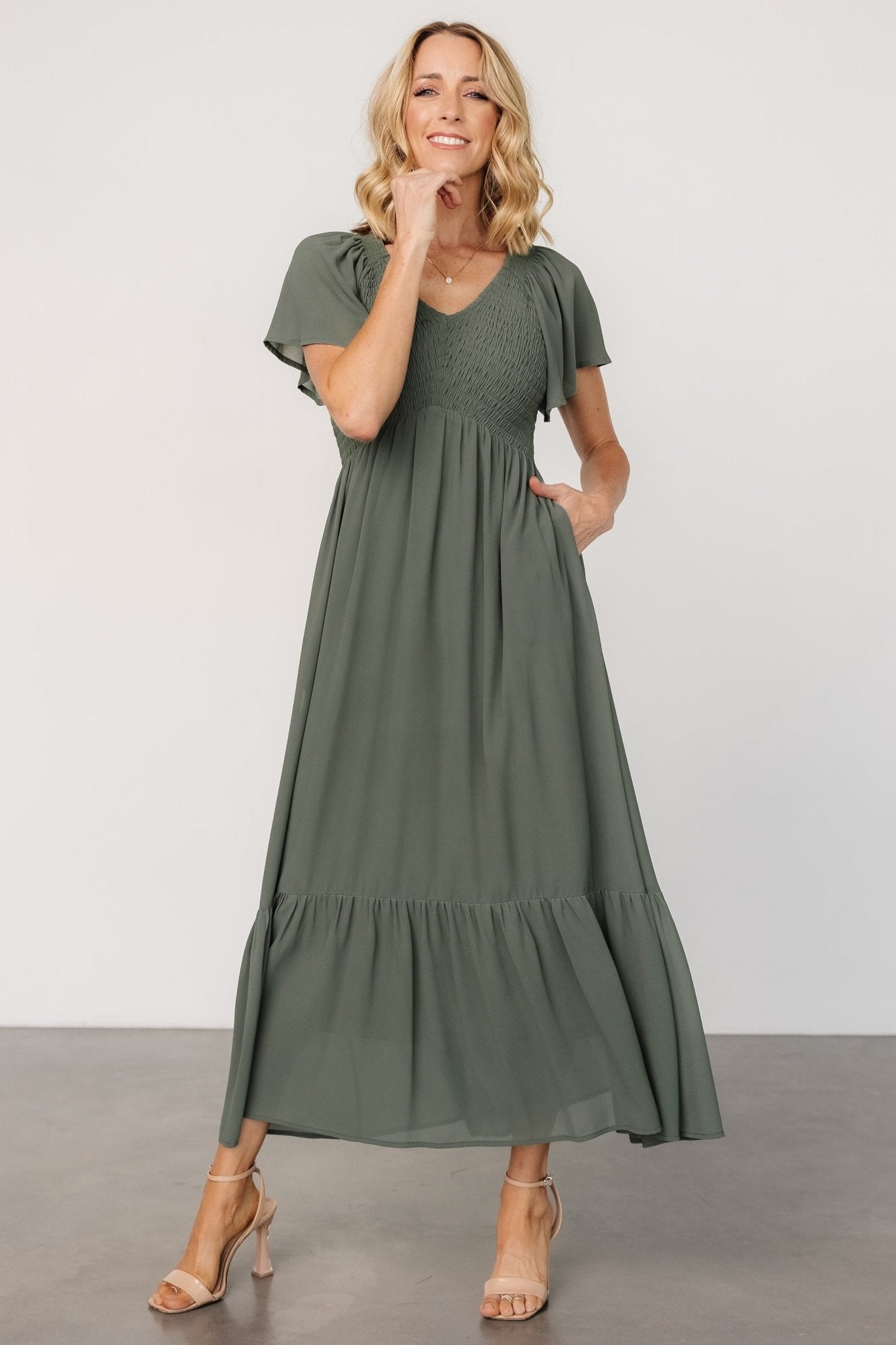 Monica Smocked Dress | Dark Sage Buy Cheap Buy