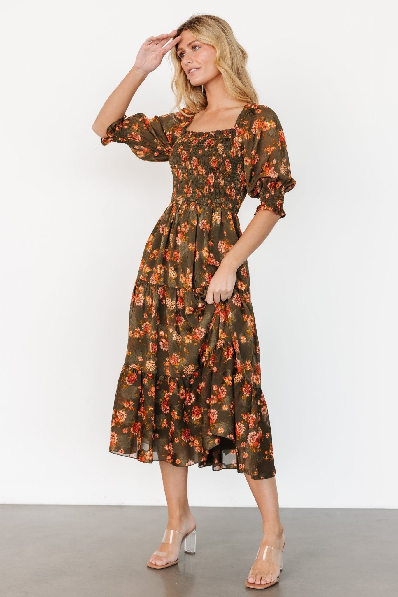 Fabian Jacquard Midi Dress | Olive Floral Cheap Countdown Package